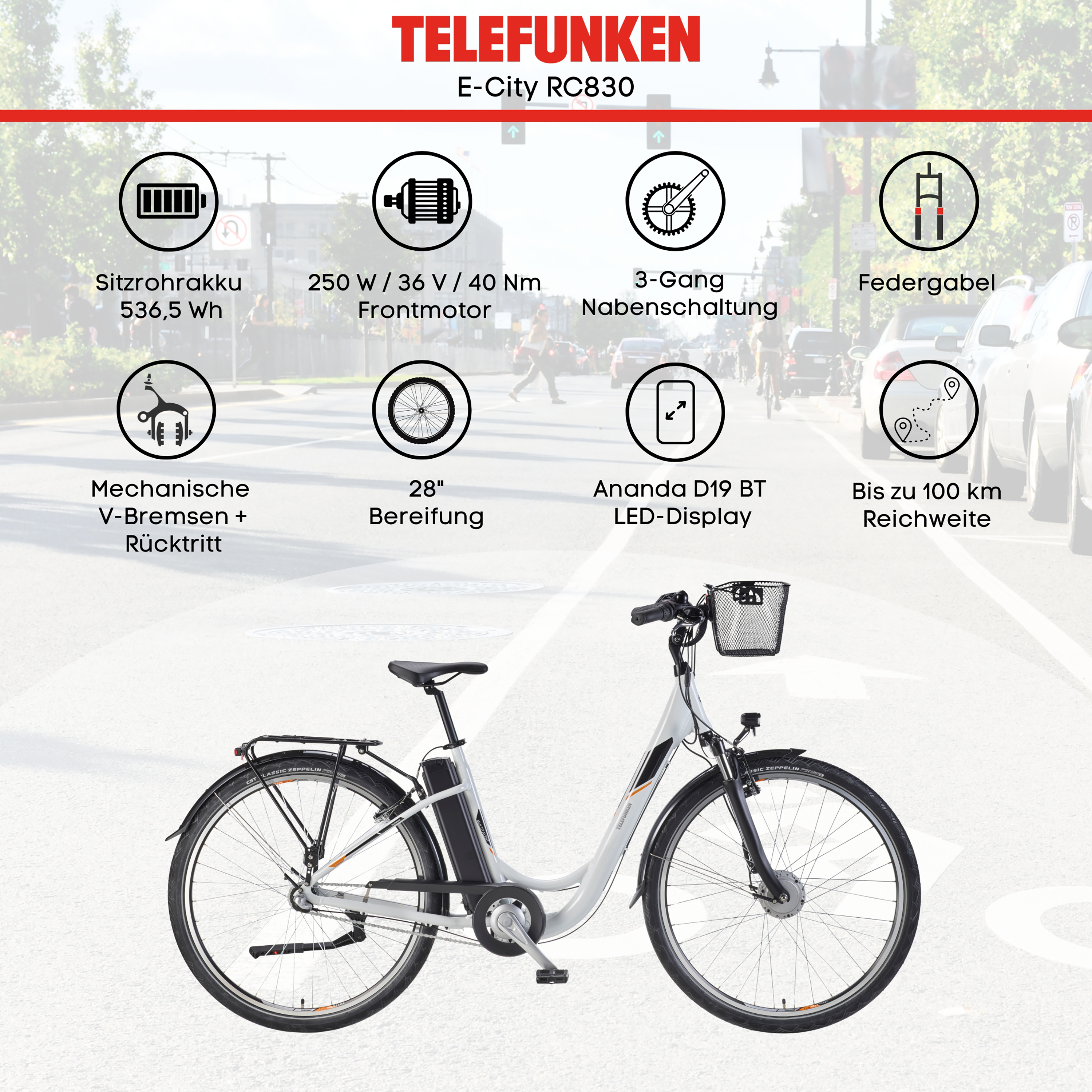 Telefunken E-City RC830 E-Bike mit Akku, Motor, Gangschaltung, Federgabel, Bremsen, Reifen und Display.