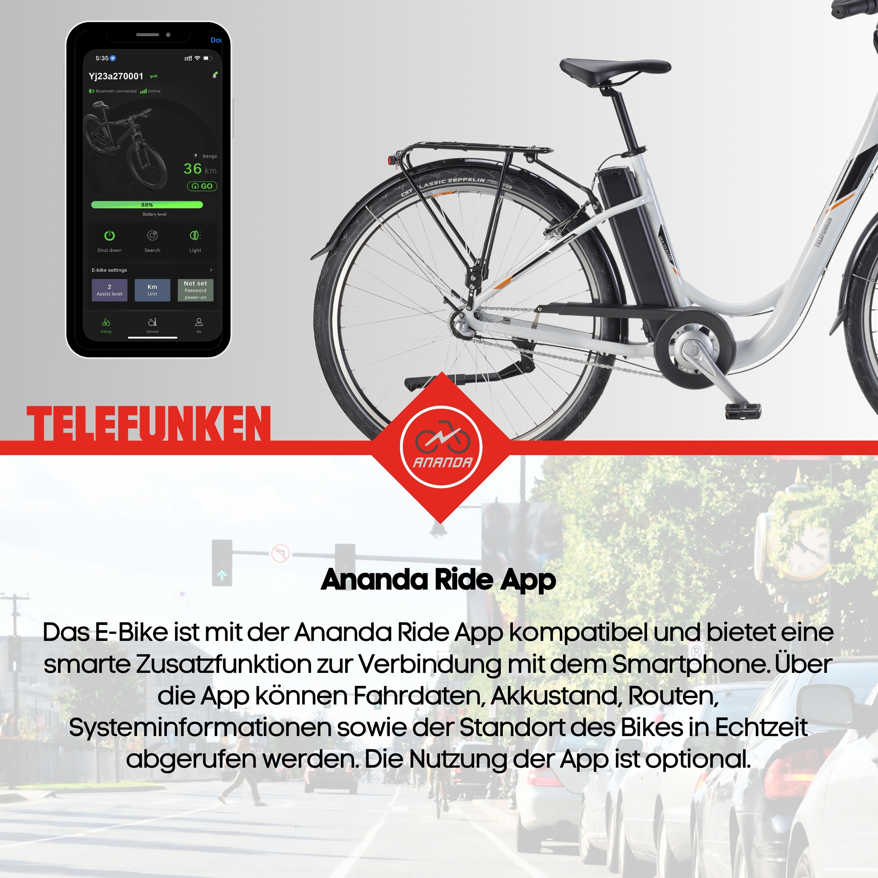 Eine App-Oberfläche zeigt ein E-Bike mit 36 km Reichweite an.