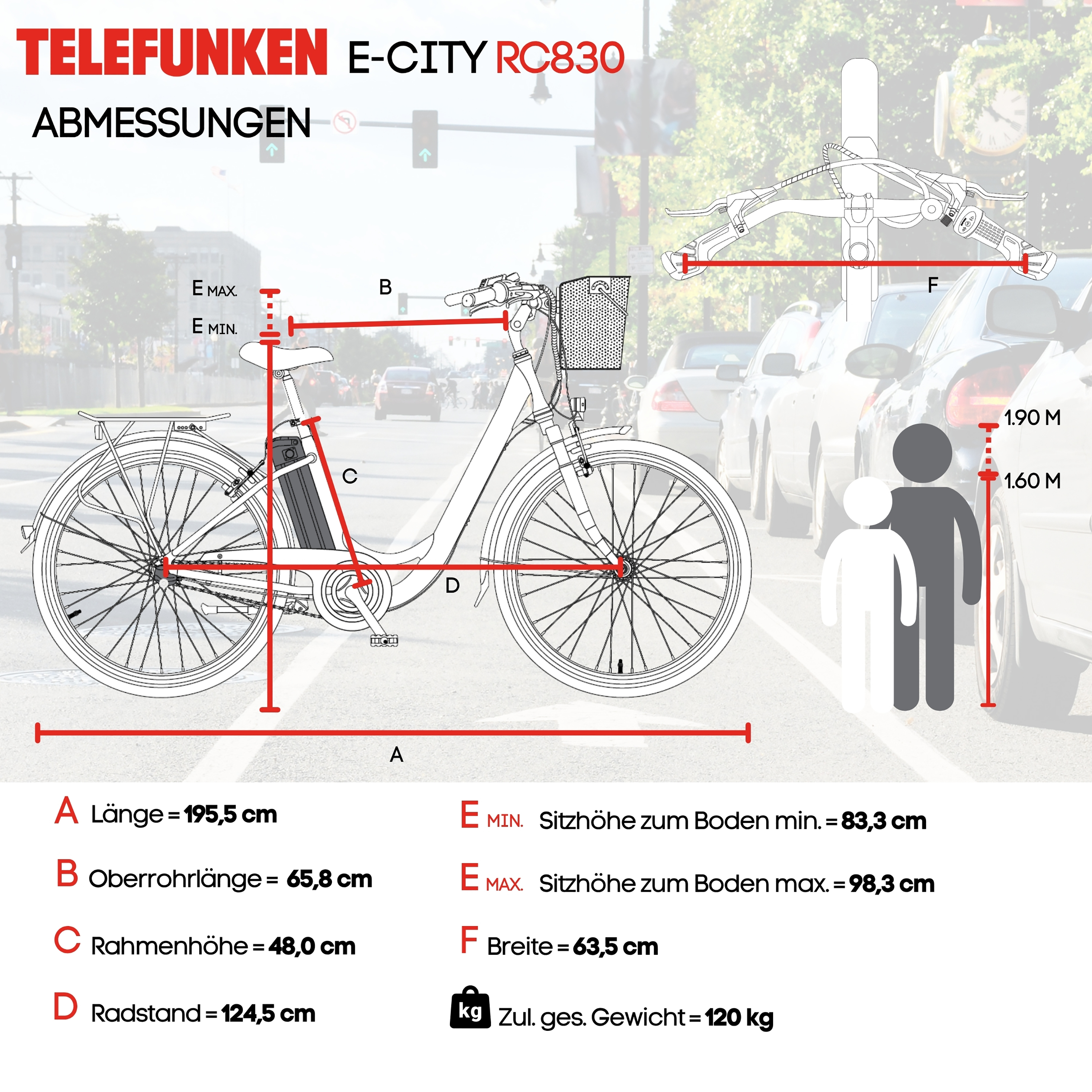 Technische Zeichnung eines Telefunken E-City RC830 E-Bikes mit Maßen.