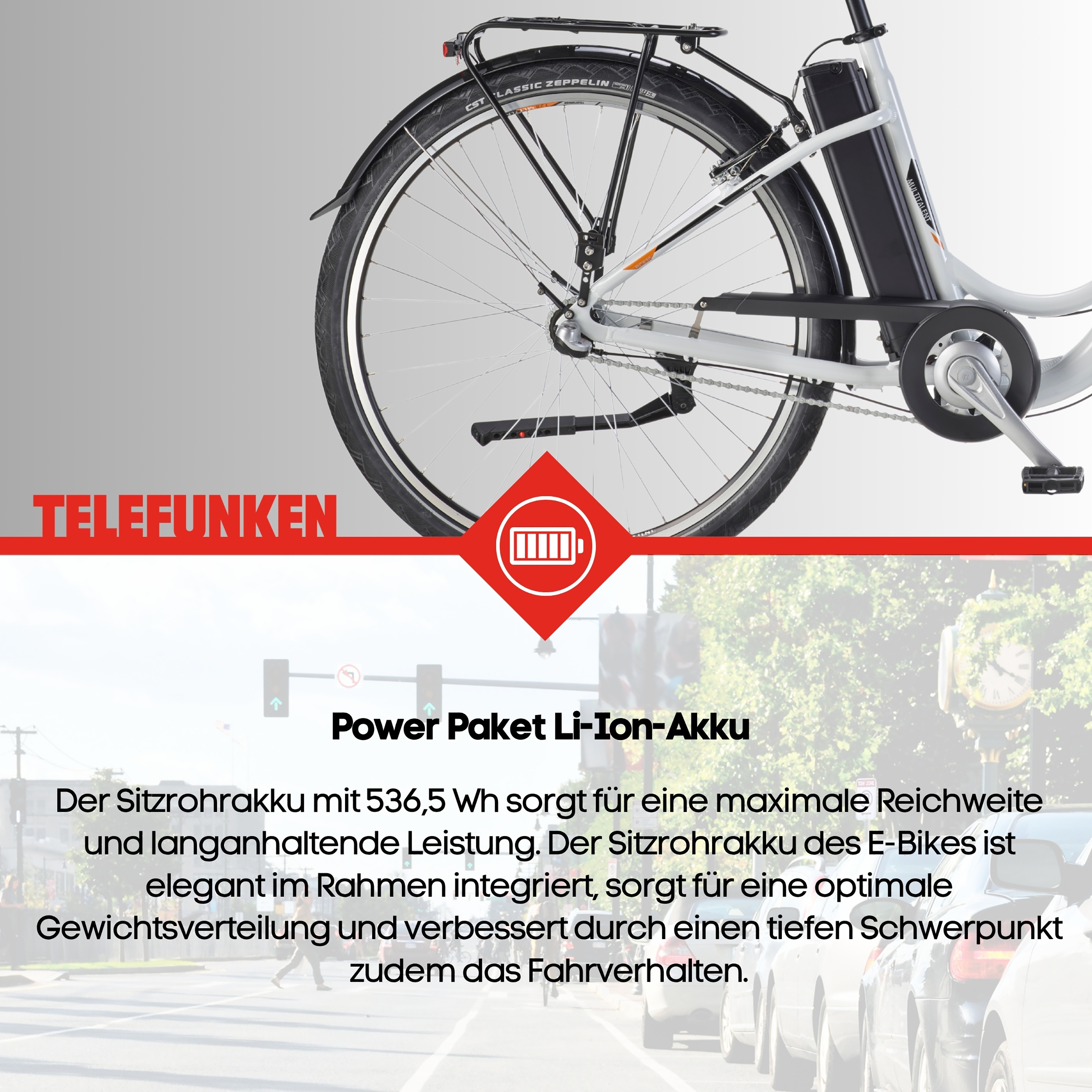 Ein weißes E-Bike mit schwarzem Akku, Gepäckträger und Reifen.