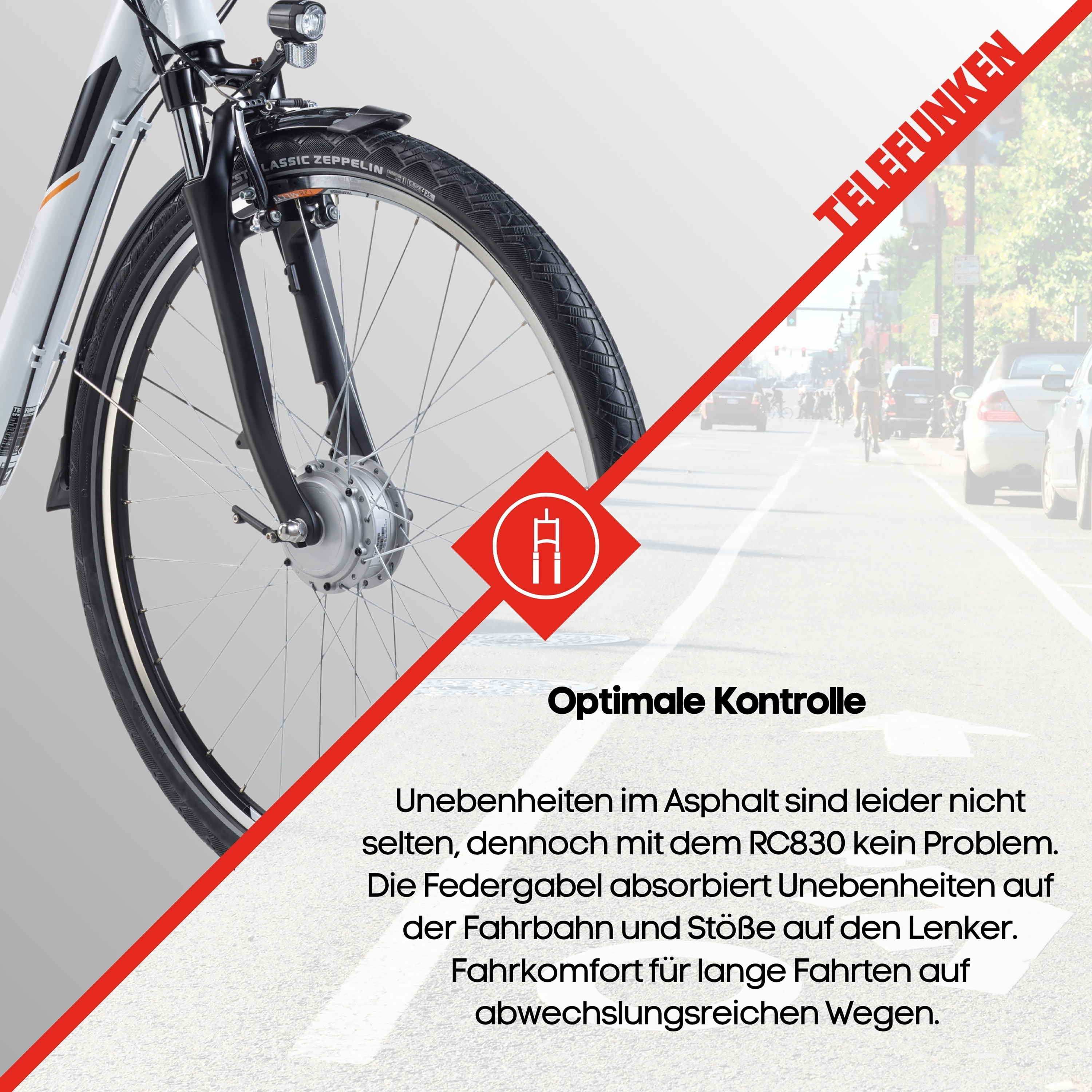 Ein weißes Fahrrad mit rotem diagonale Streifen und dem Text TELEFUNKEN.