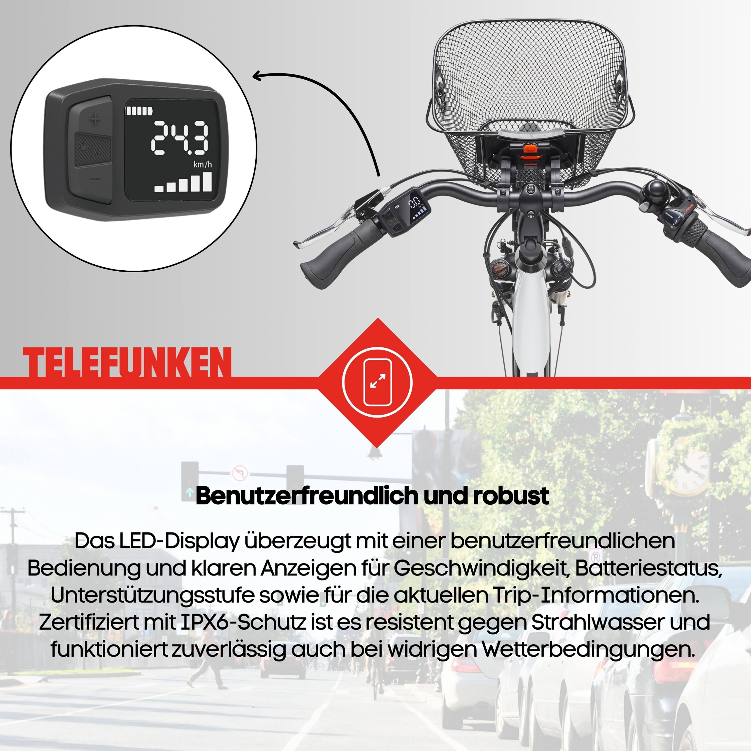 Ein Fahrrad-Display zeigt 24.3 km/h. Ein Metallkorb ist montiert.