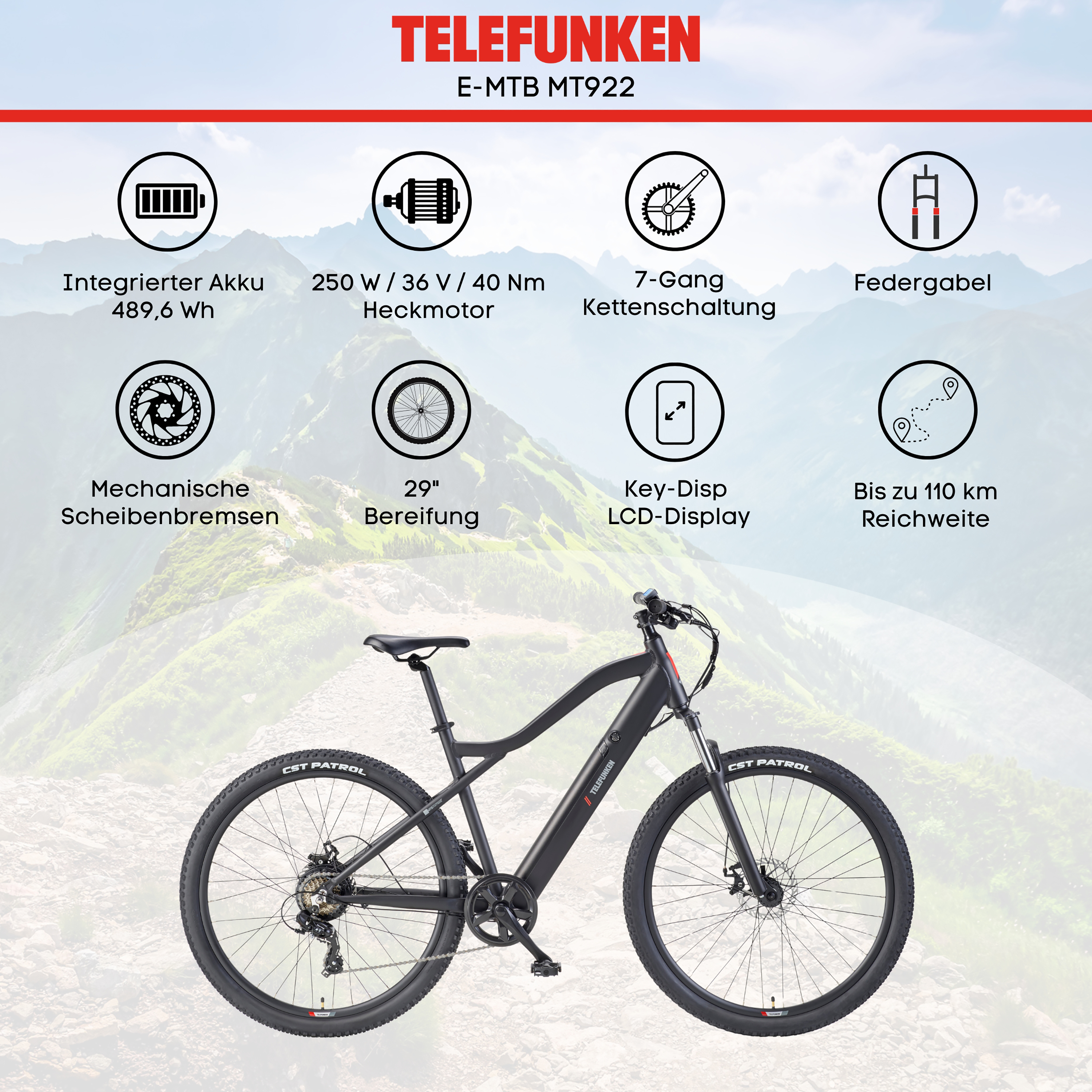 Ein schwarzes Telefunken E-MTB mit Berglandschaft im Hintergrund.