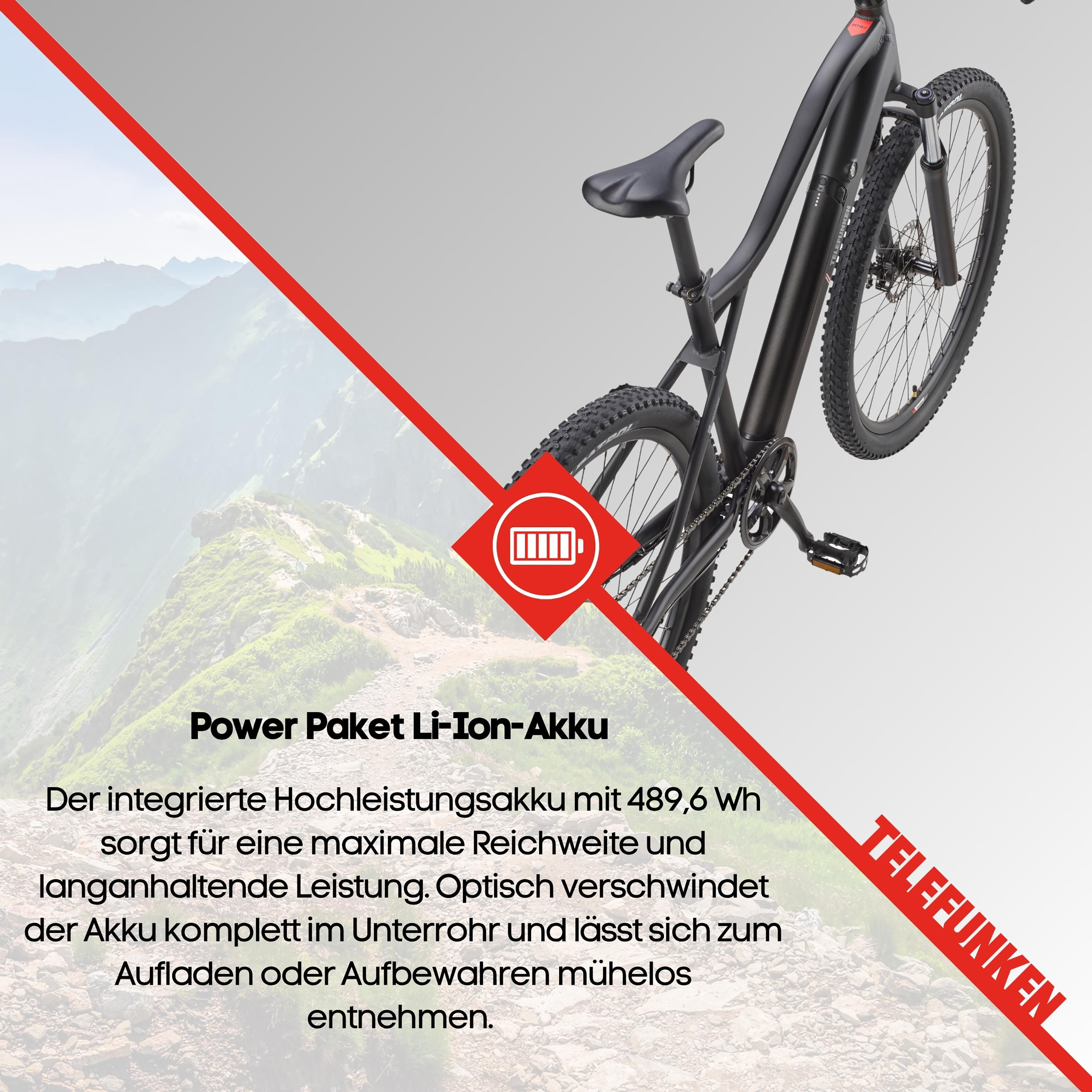 Schwarzes E-Bike mit integriertem Akku vor Bergkulisse.