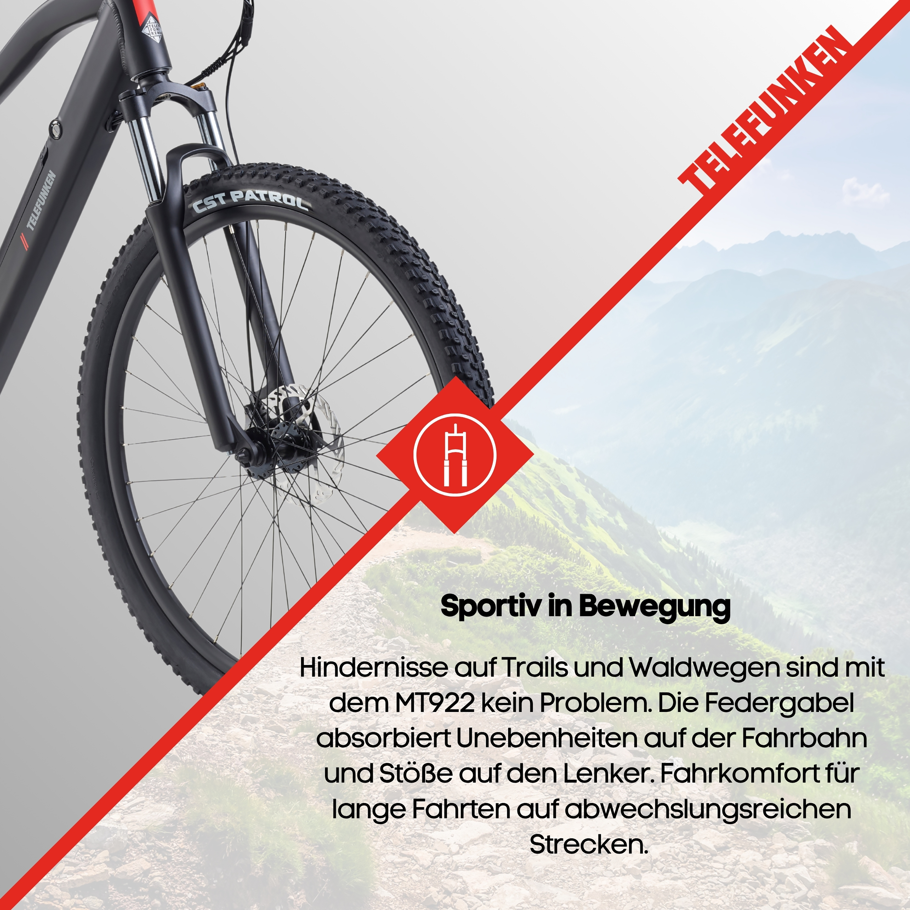Schwarzes Mountainbike mit Federgabel vor Berglandschaft. Text: TELEFUNKEN.