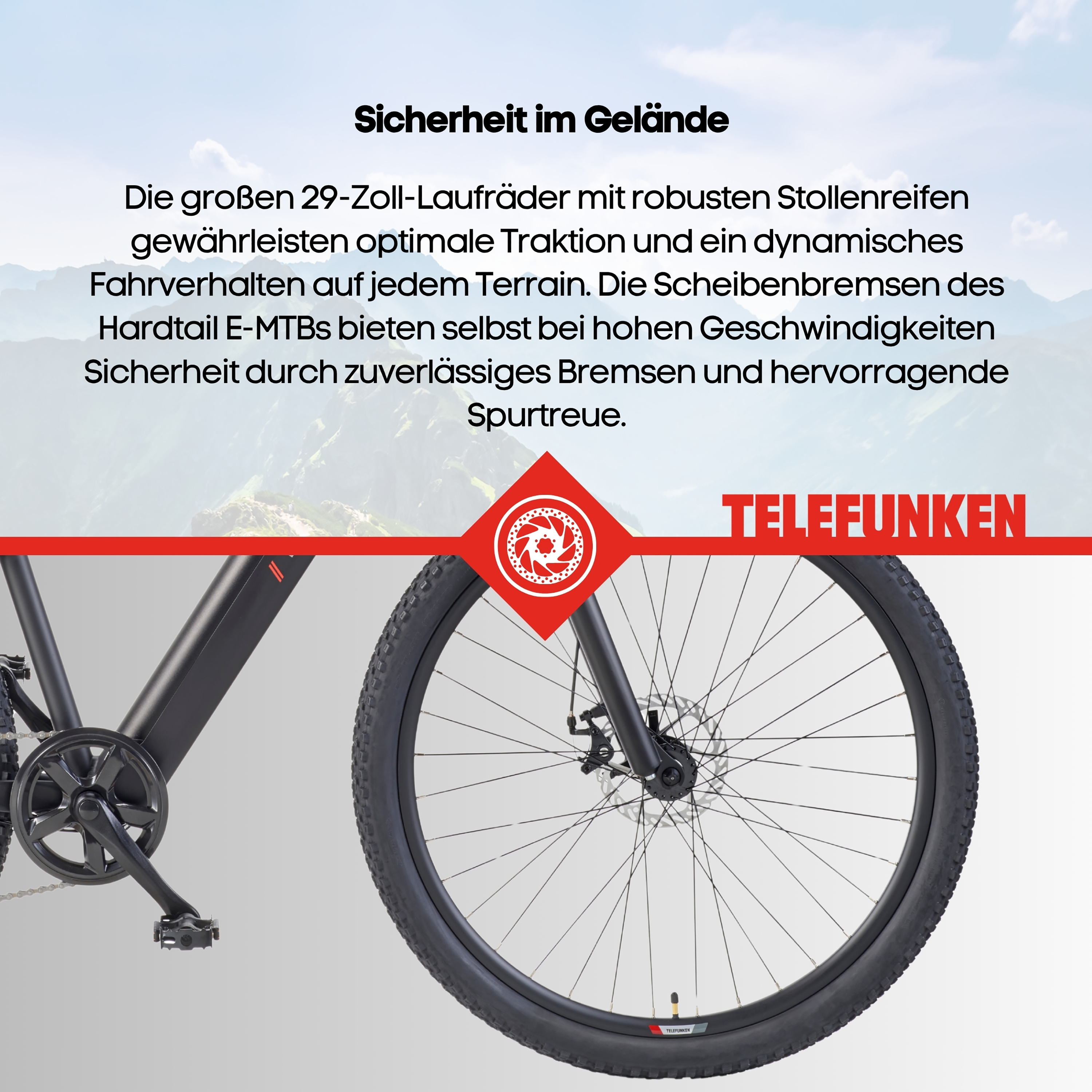 Ein schwarzes E-MTB mit 29-Zoll-Rädern und Scheibenbremsen.