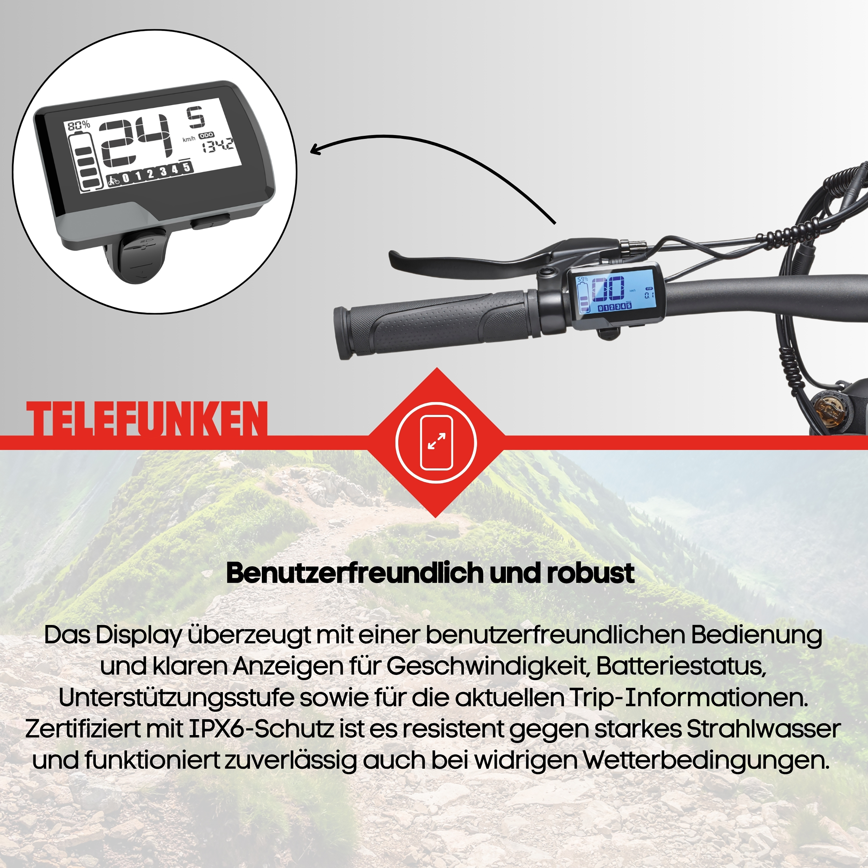 E-Bike Display mit Geschwindigkeit, Akku, Stufen und Trip-Infos. Robust & wasserdicht.