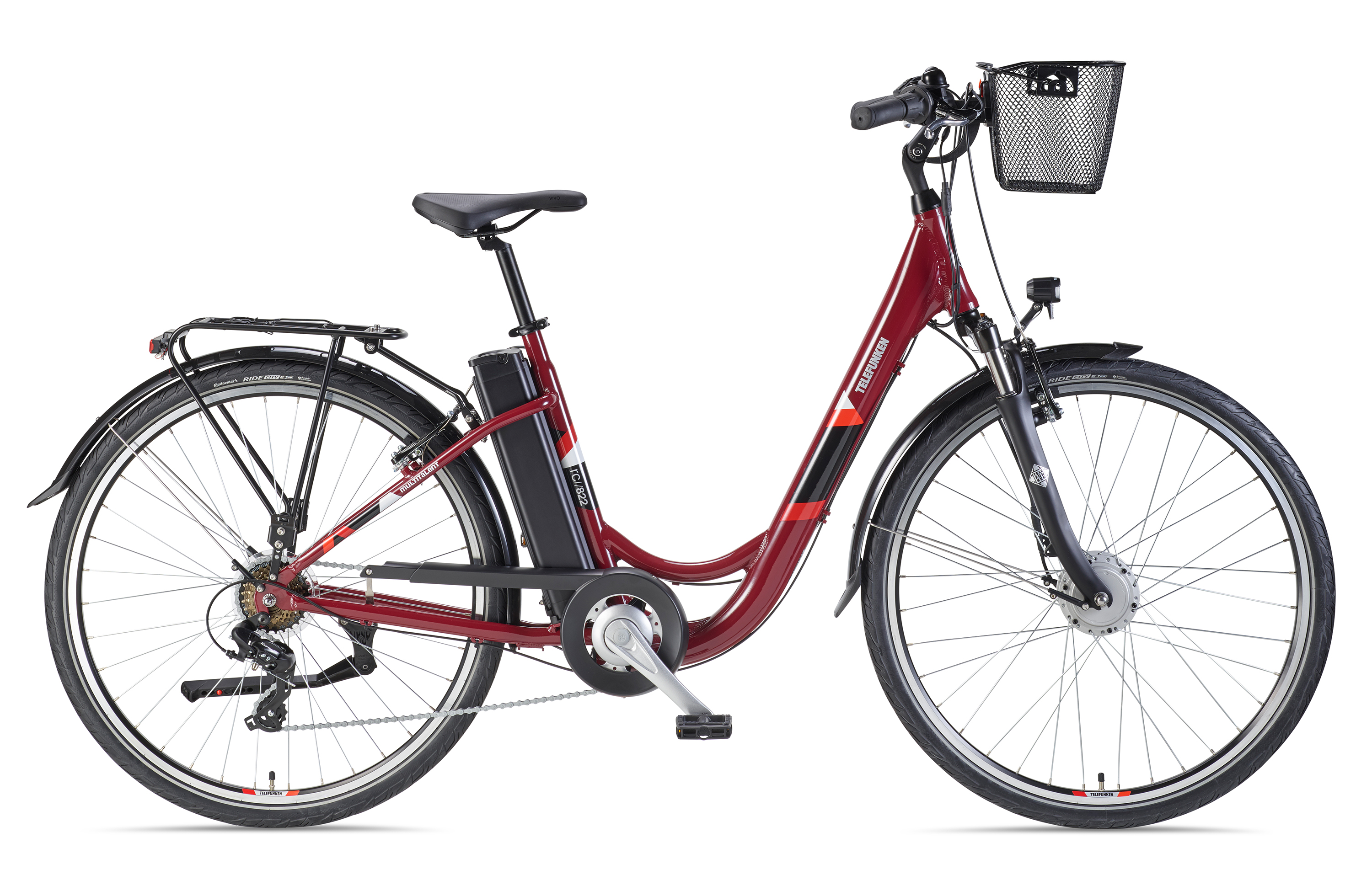 Ein rotes Elektrofahrrad mit Gepäckträger, Korb und Akku.
