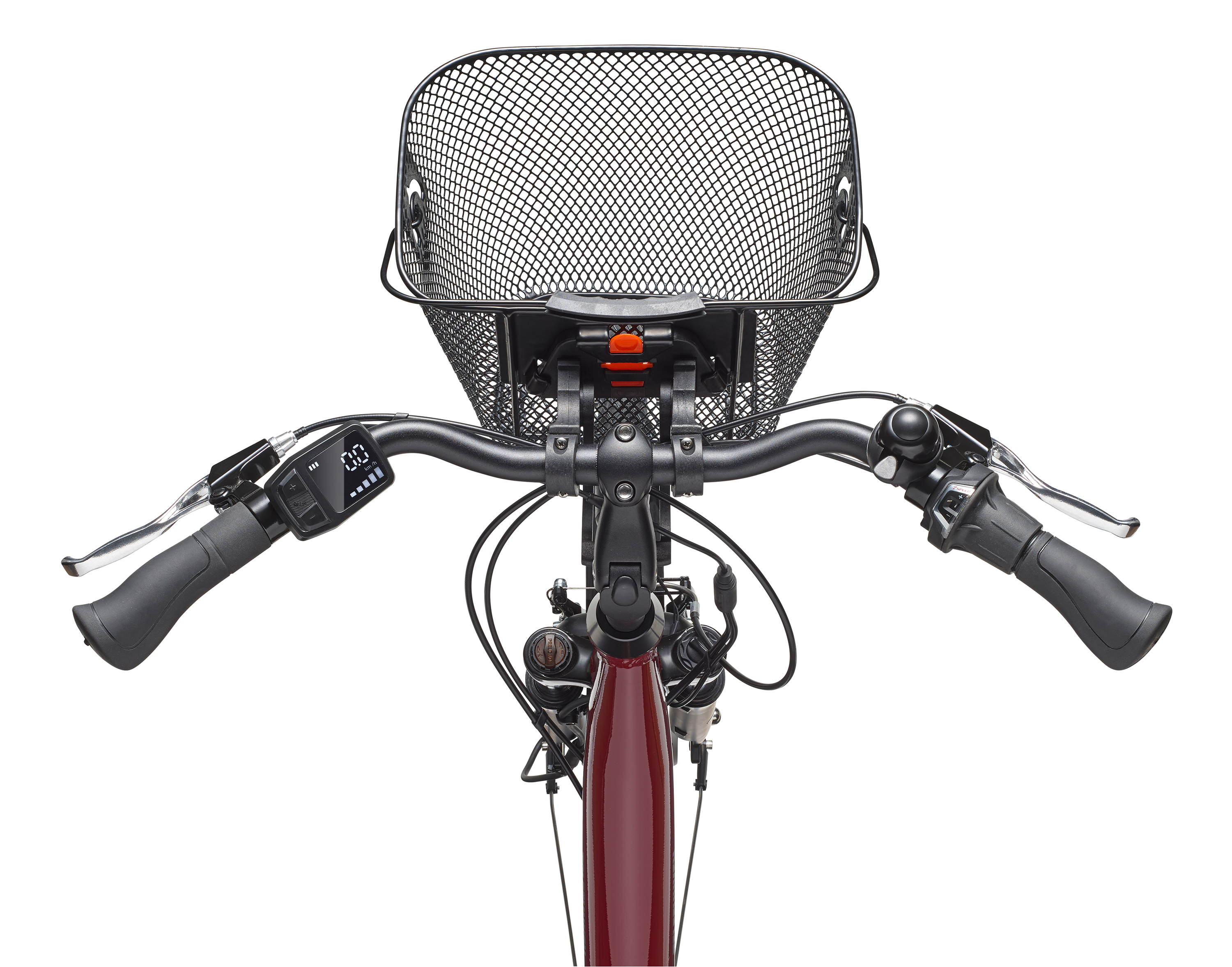 Vorderseite eines Fahrradlenkers mit Korb, Display und Griffen.