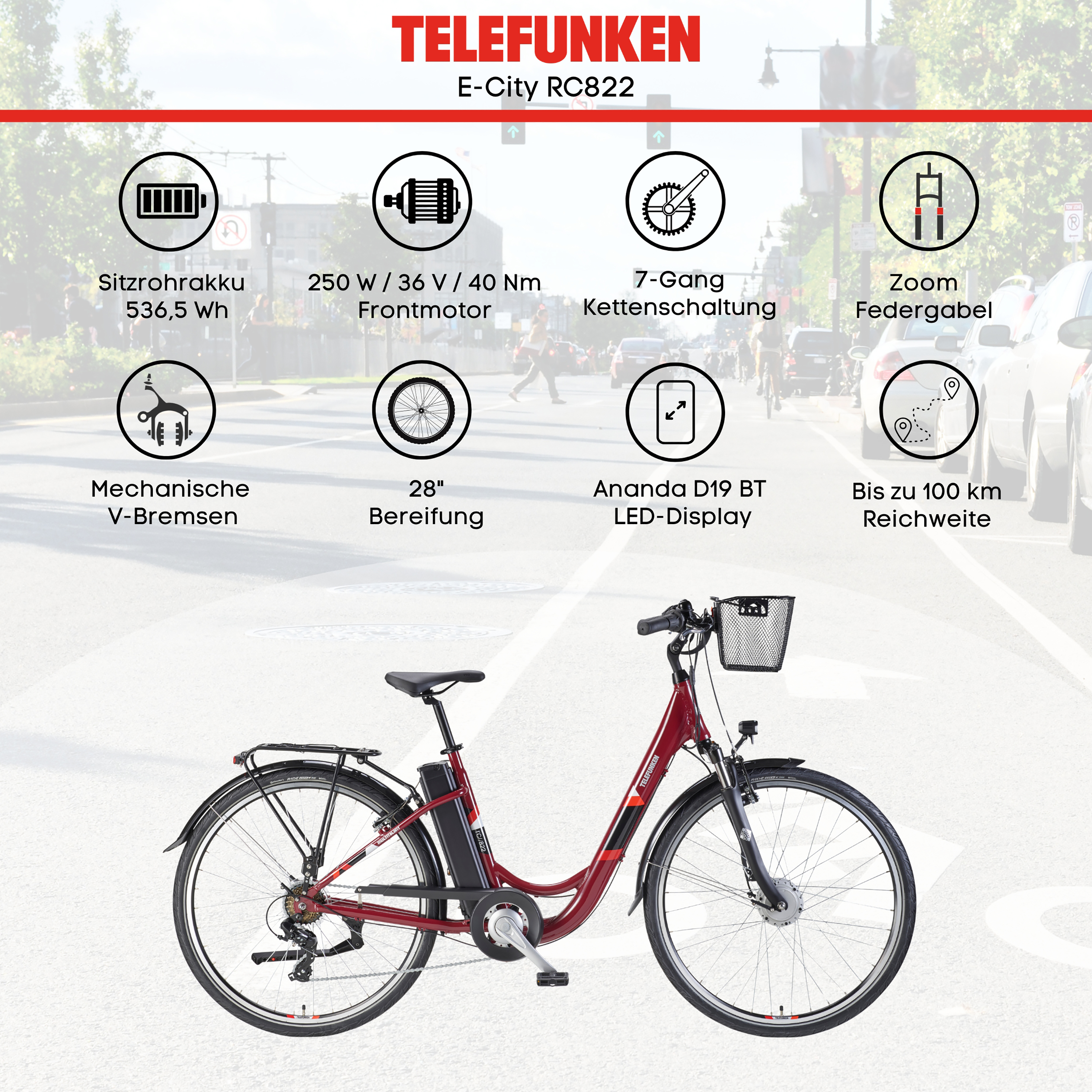 Ein rotes Telefunken E-City RC822 E-Bike mit Korb, Akku und technischen Details.