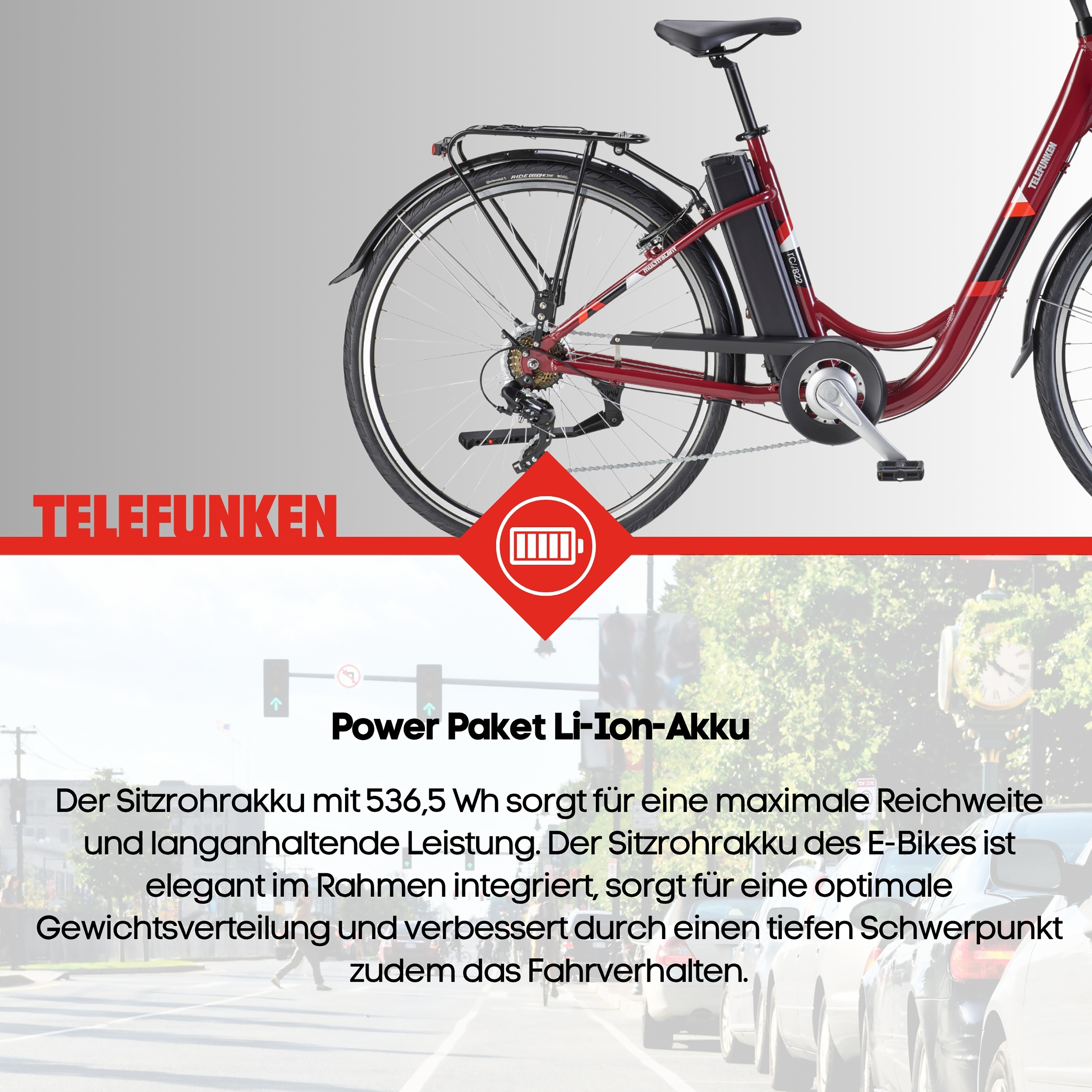 Ein rotes E-Bike mit integriertem Akku und Gepäckträger, steht auf der Straße.