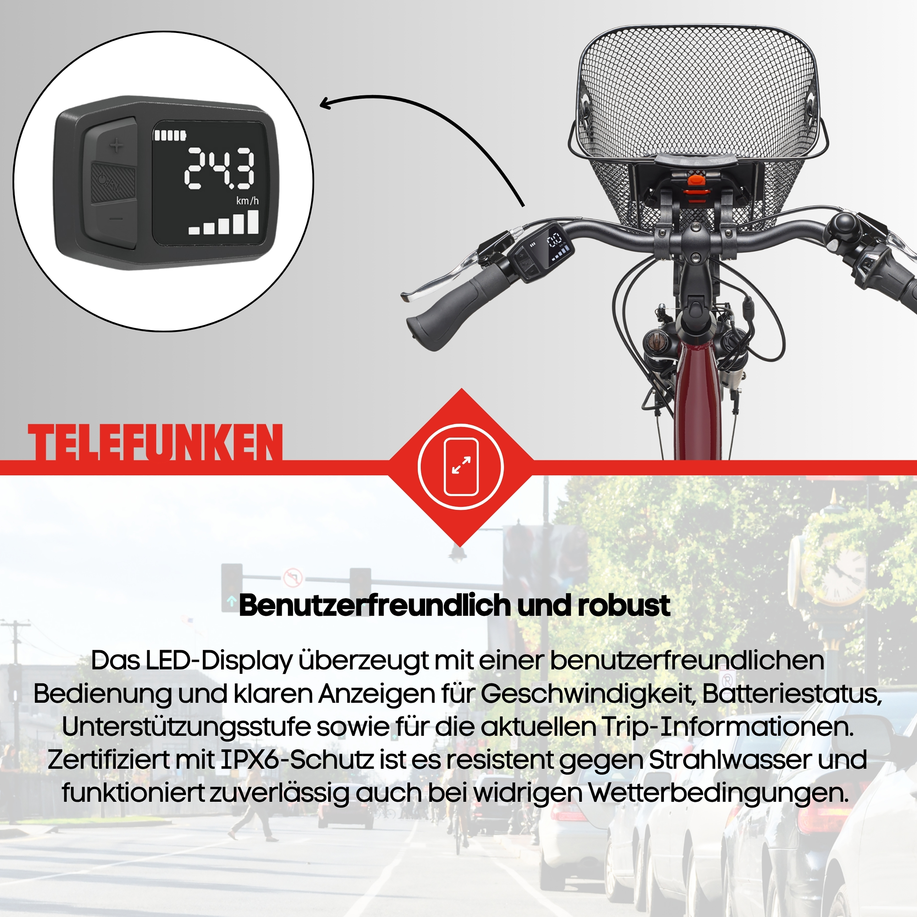 Ein Fahrrad-Display zeigt 24,3 km/h an. Daneben ein Fahrradkorb.