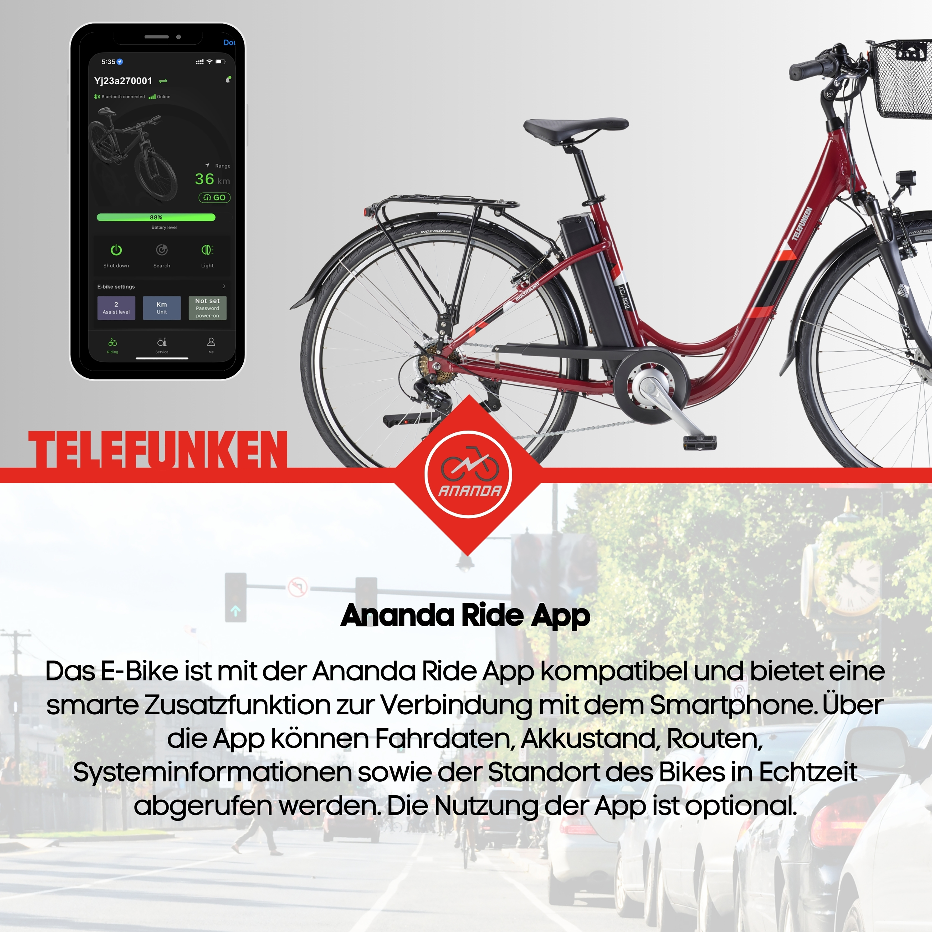 Ein rotes E-Bike mit App-Anzeige, das auf einer Straße steht.