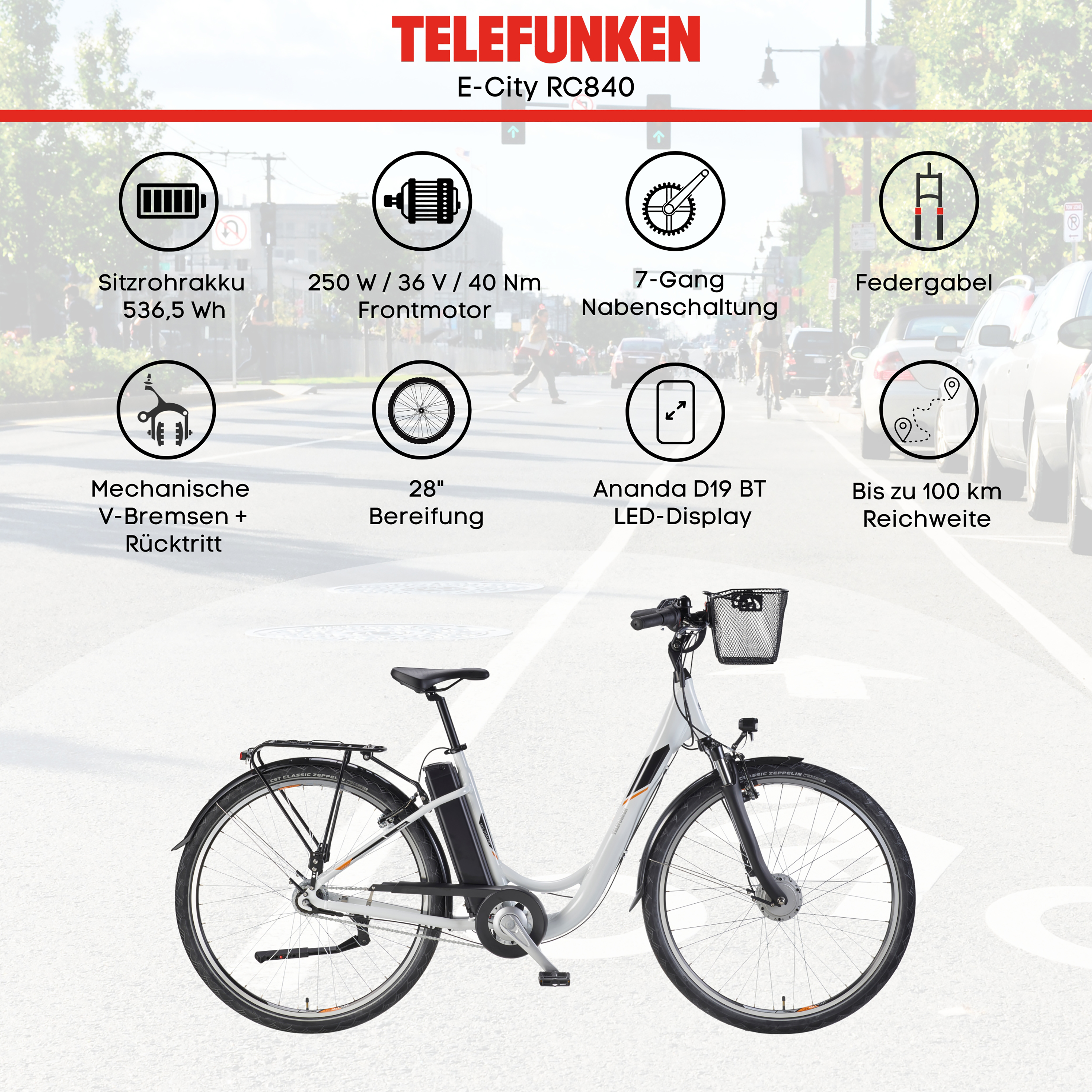 Ein weißes E-City RC840 Fahrrad von Telefunken mit Details.