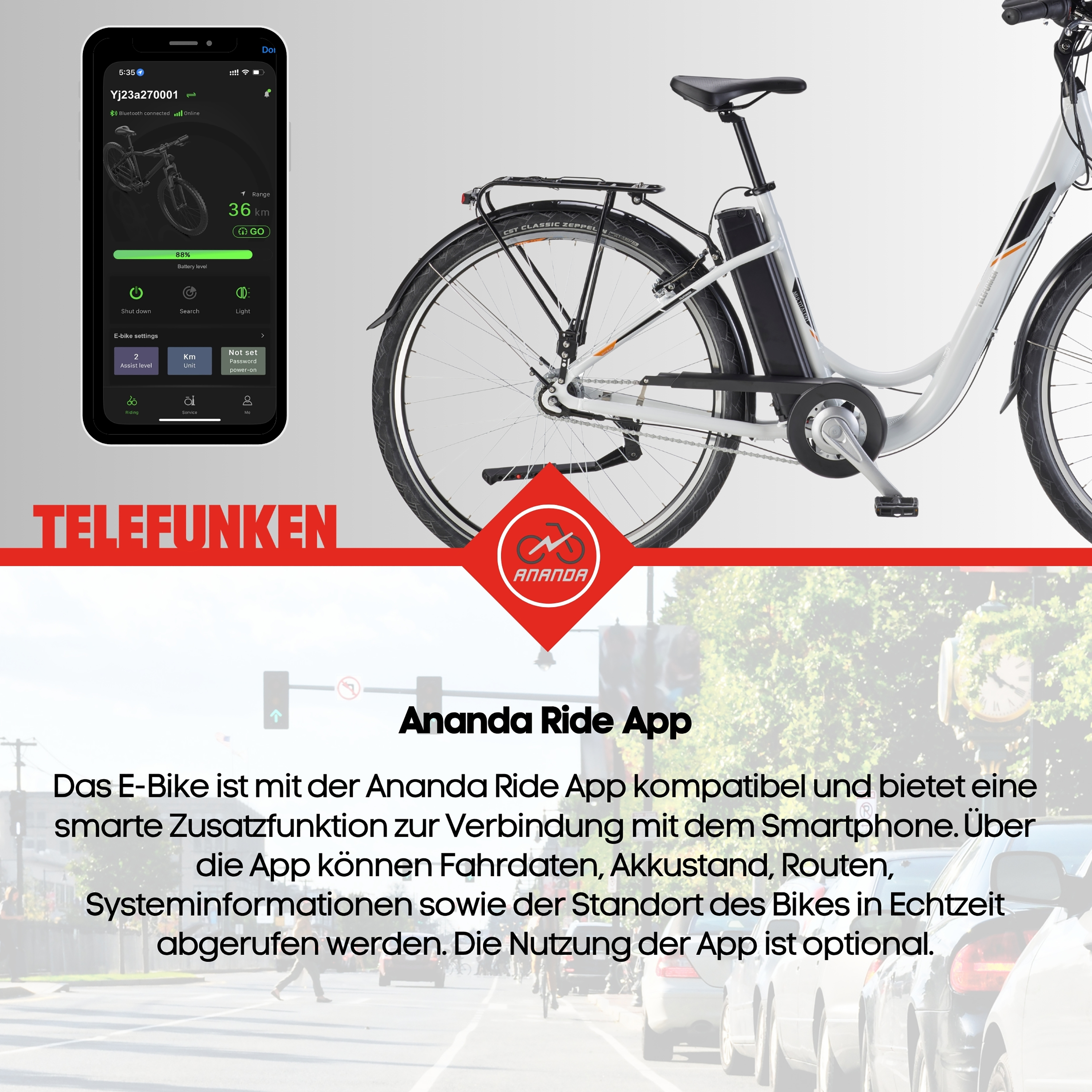 Ein weißes E-Bike mit Gepäckträger, verbunden mit der Ananda Ride App.
