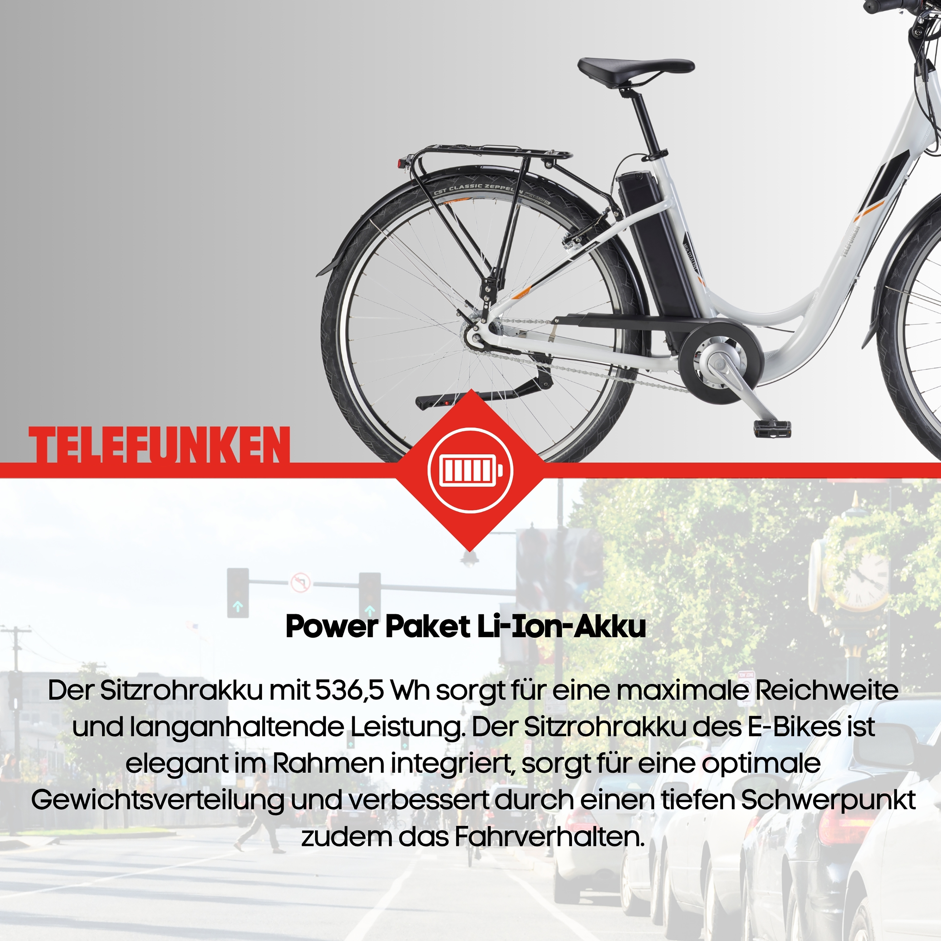 Ein weißes E-Bike mit schwarzem Sattel und Gepäckträger. Der Akku ist im Rahmen integriert.