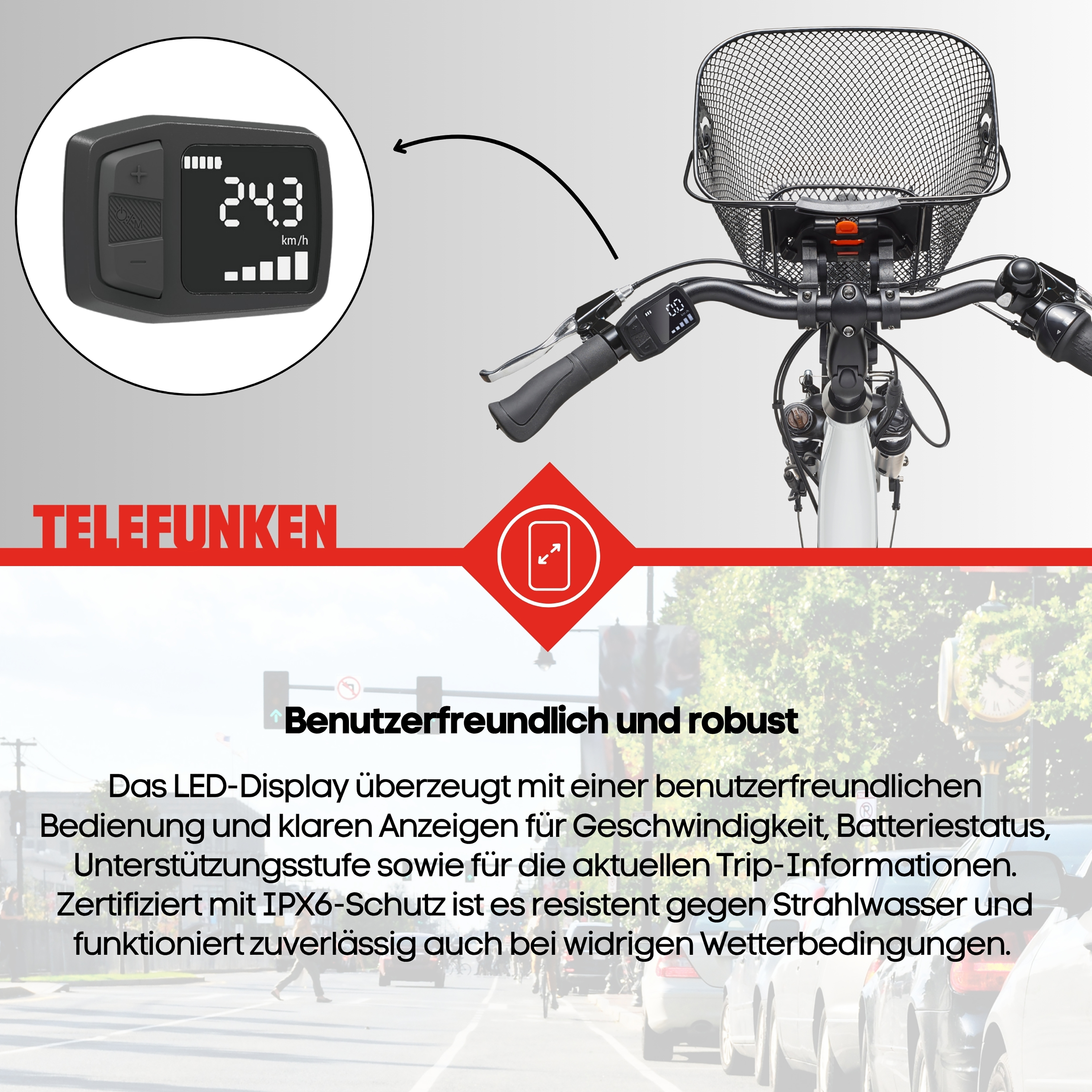 E-Bike Display mit 24.3 km/h Anzeige, Lenker, Korb und Text.