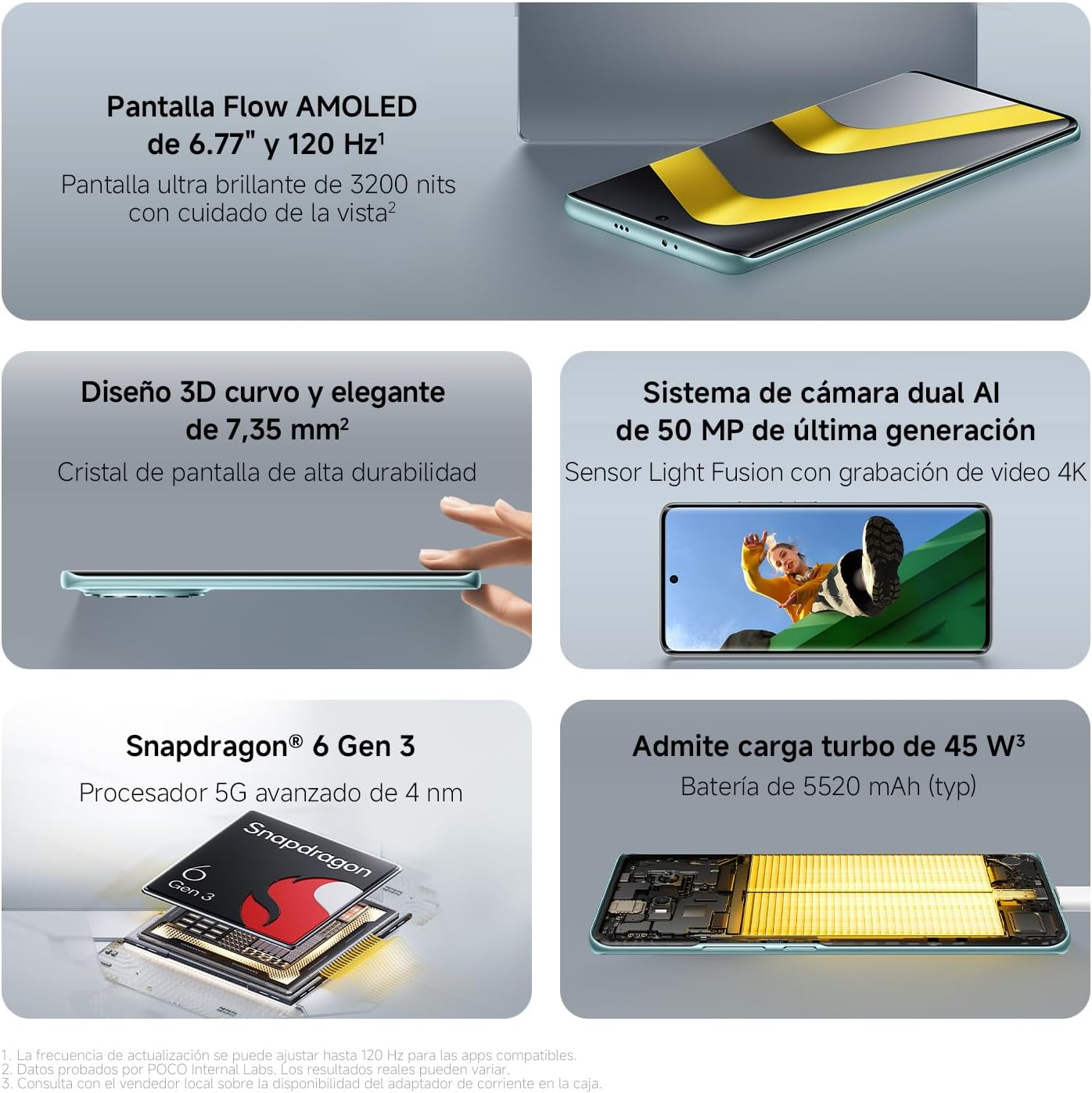 Ein Smartphone mit AMOLED-Display, 50-MP-Kamera, Snapdragon 6 Gen 3 Chip und 45-W-Schnellladung.