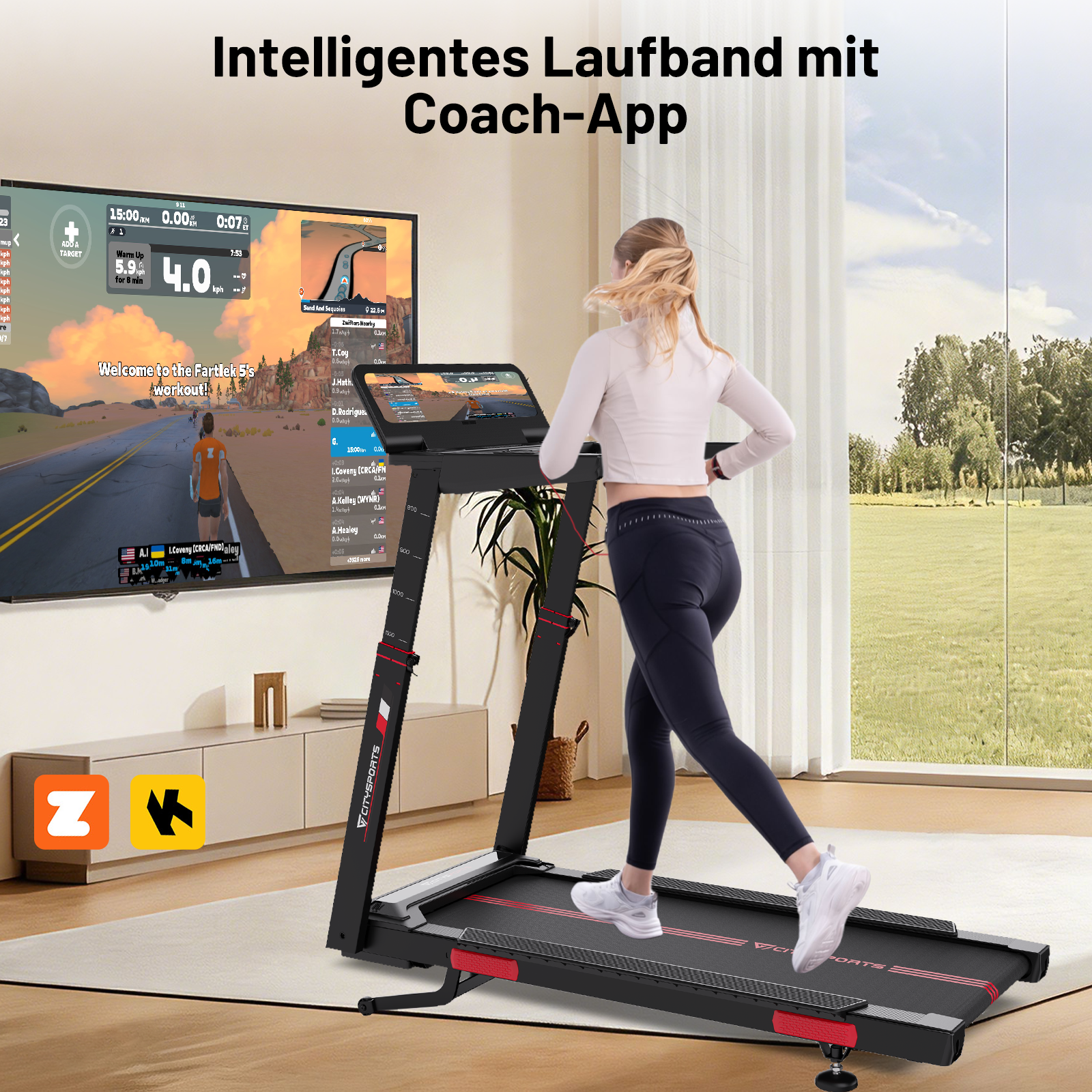 Frau auf Laufband mit großem Bildschirm, der ein virtuelles Rennen zeigt.