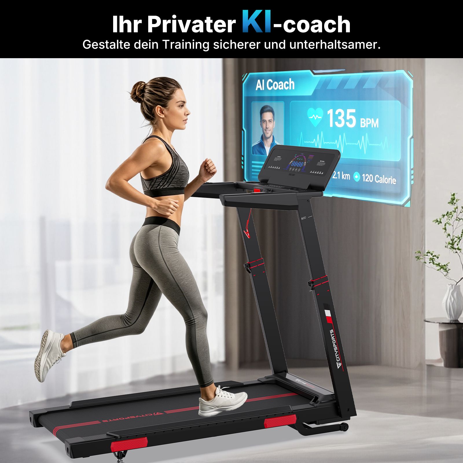 Eine Frau läuft auf einem Laufband, während ein KI-Coach auf dem Bildschirm angezeigt wird.