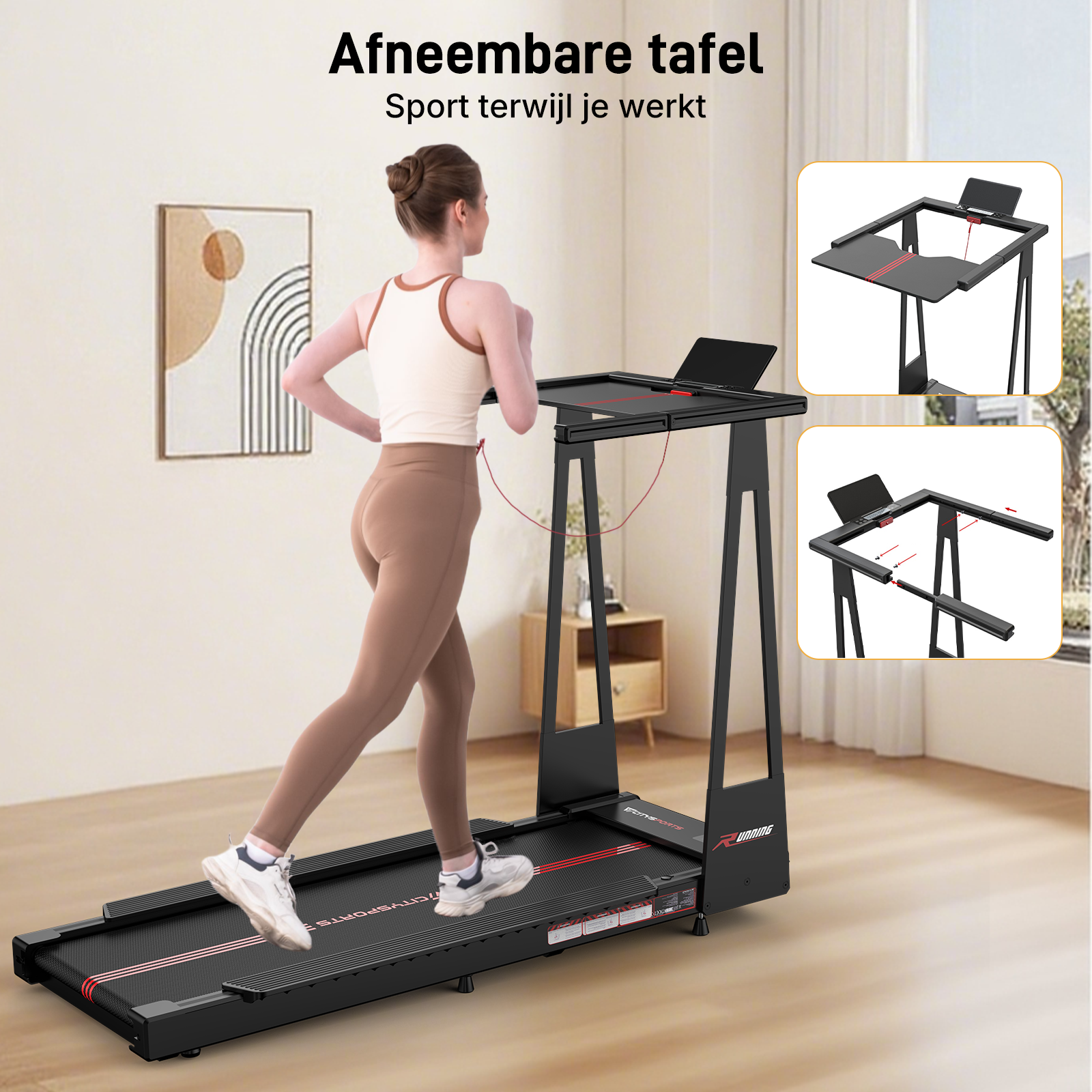 A woman runs on a treadmill with a detachable desk. Details shown.