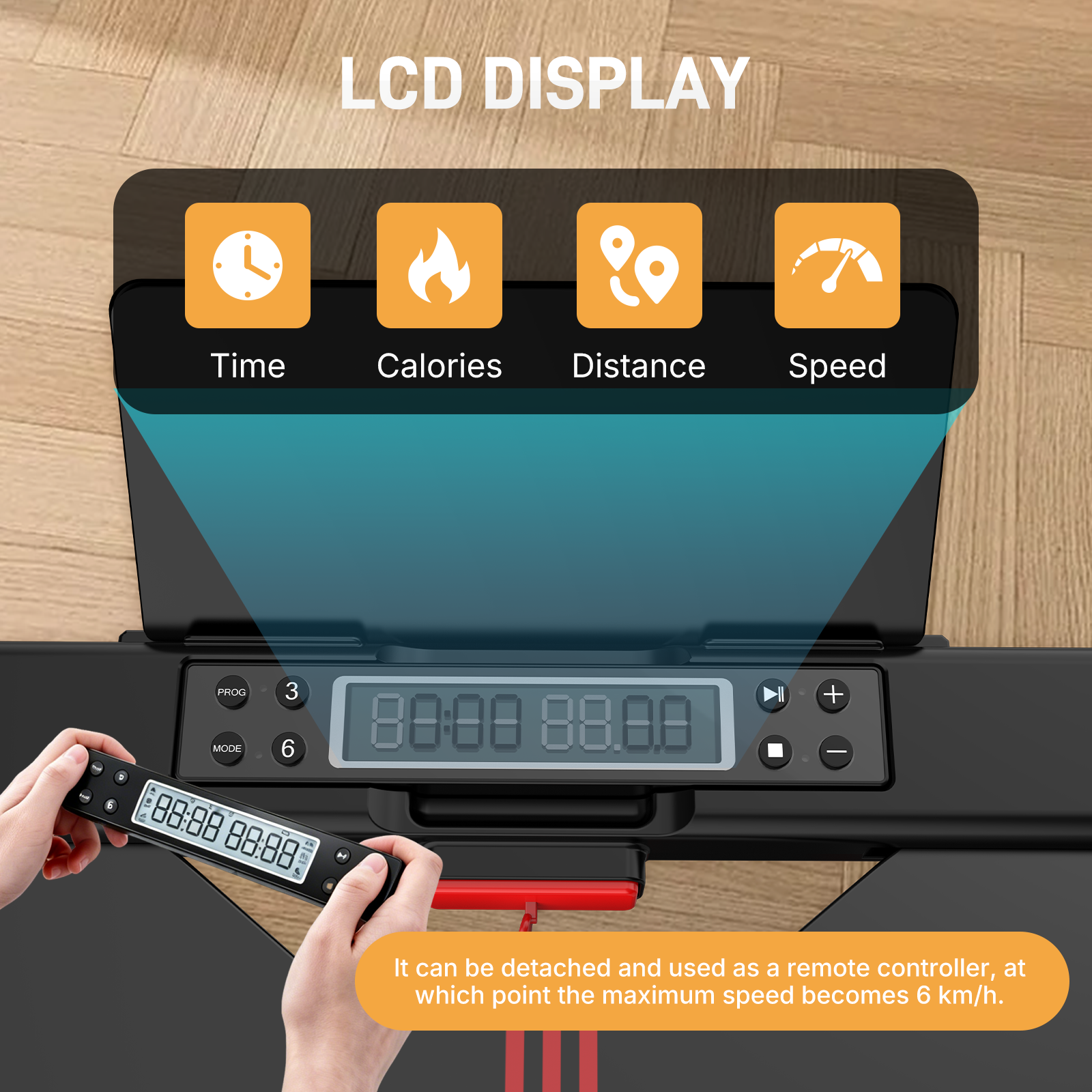LCD display with icons for Time, Calories, Distance and Speed.