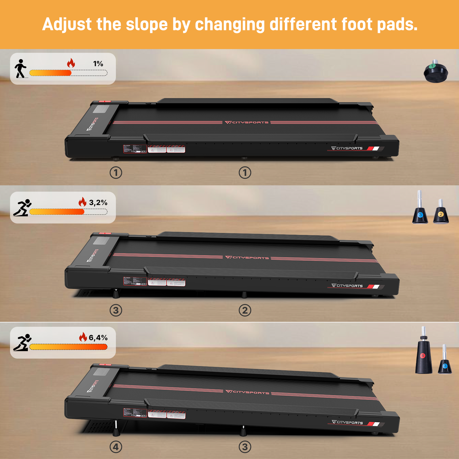 Treadmill with 1% incline, foot pad next to it.