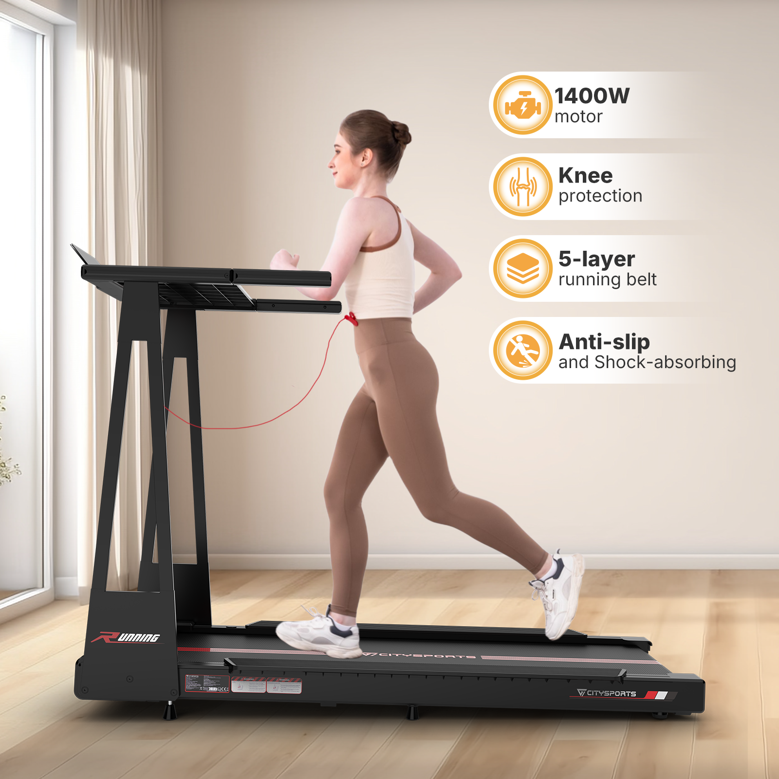 Woman running on treadmill. Features: 1400W motor, knee protection, 5-layer belt.