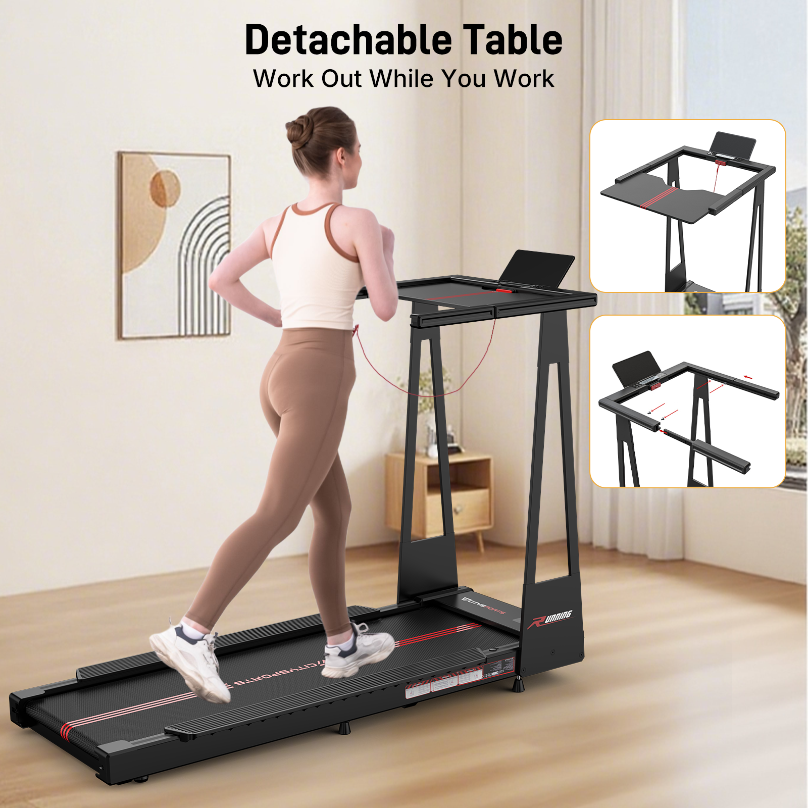 Woman on treadmill with detachable desk holding a laptop.