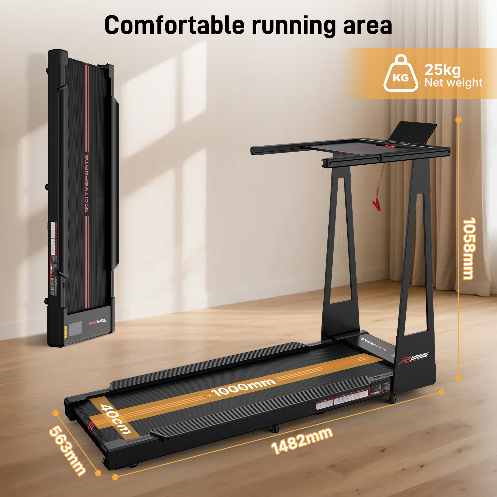 Black treadmill with red stripes, dimensions are indicated.