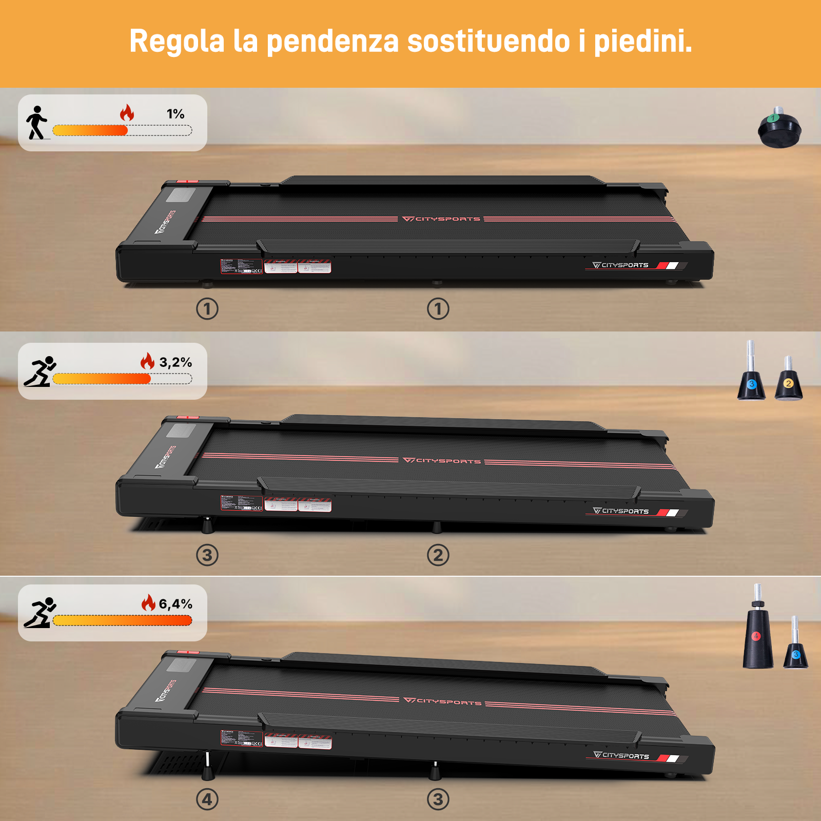 Tapis roulant con diversi livelli di pendenza: 1%, 3,2%, 6,4%.