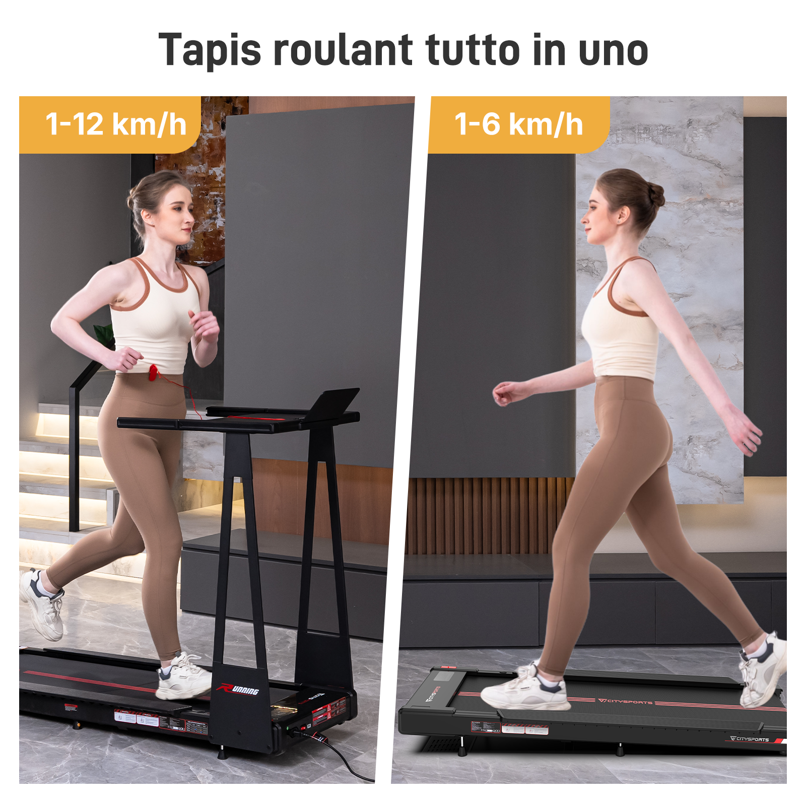 Una donna corre su un tapis roulant nero, con un'altra donna che cammina su un tapis roulant diverso alla sua destra.
