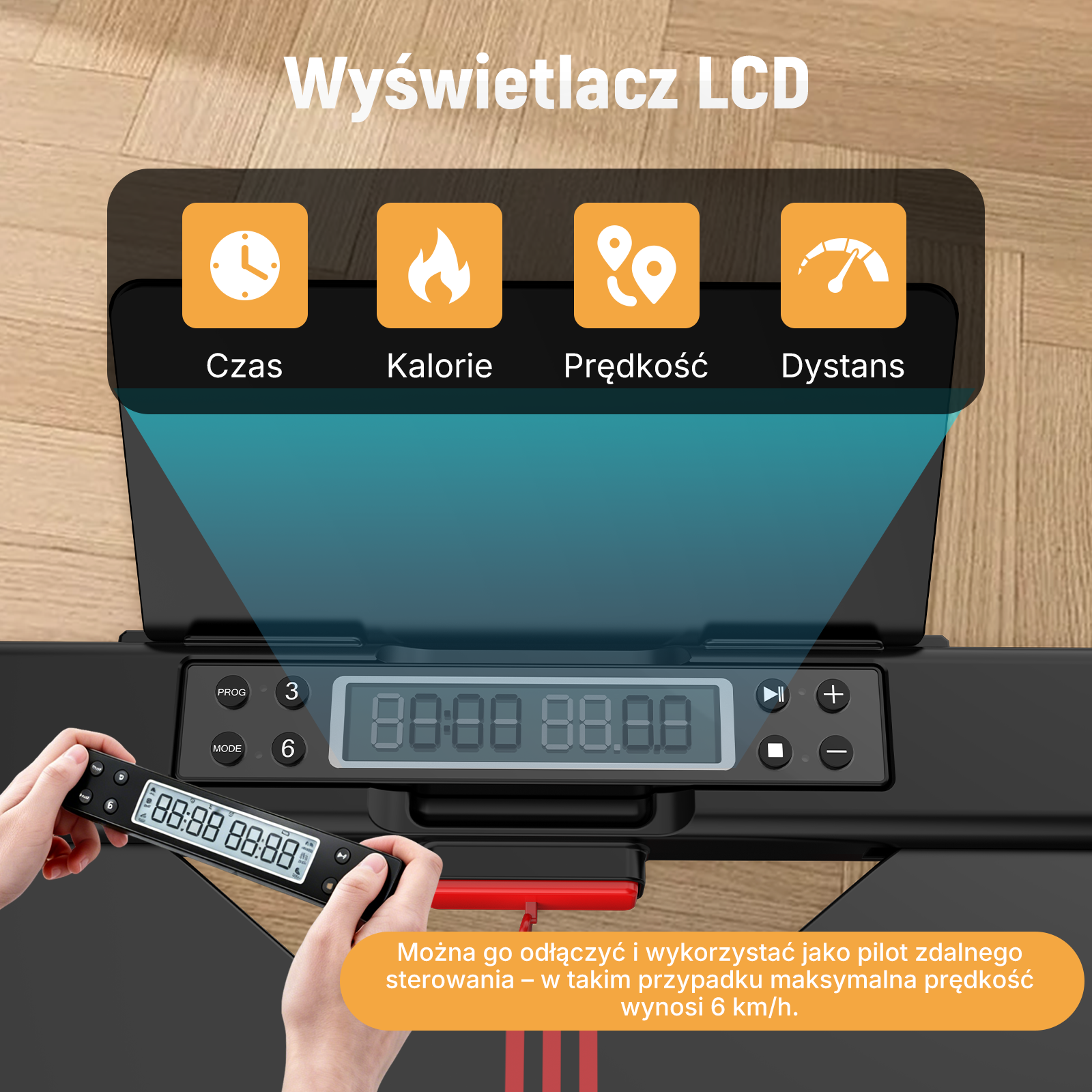 Wyświetlacz LCD z ikonami czasu, kalorii, prędkości i dystansu.