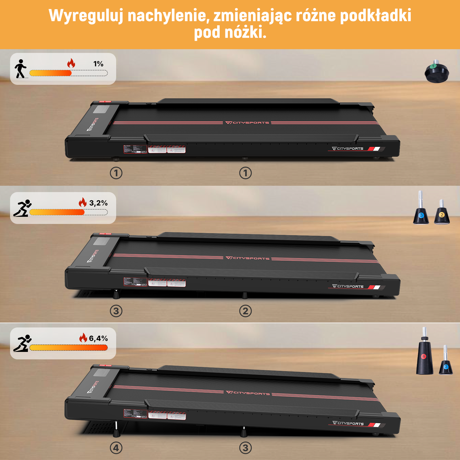 Bieżnia na różnych nachyleniach z wyświetlaczem kalorii. Akcesoria pokazane.