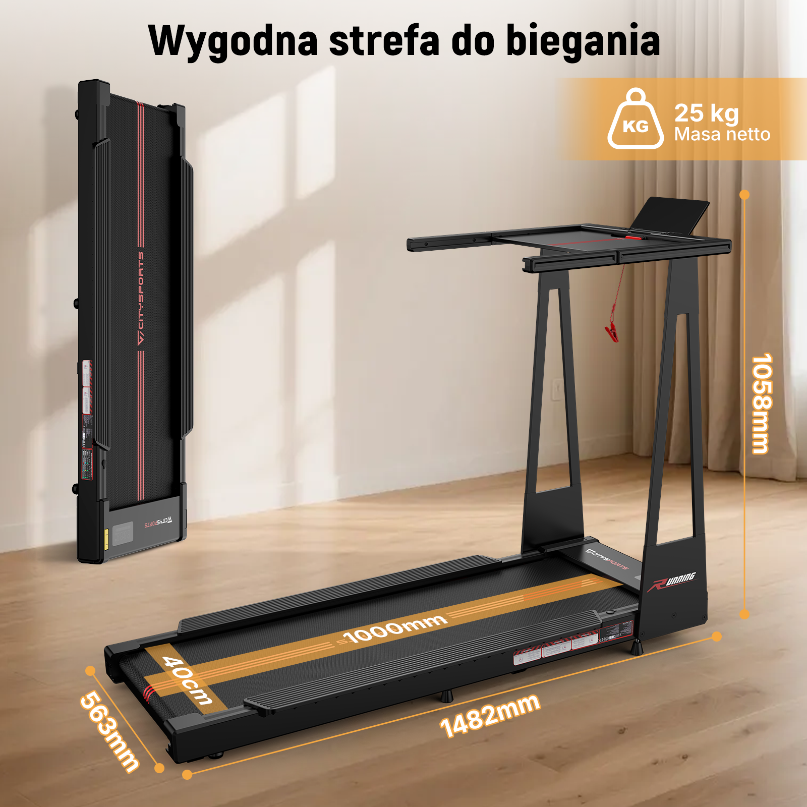 Czarna bieżnia ze składanym biurkiem i wymiarami.