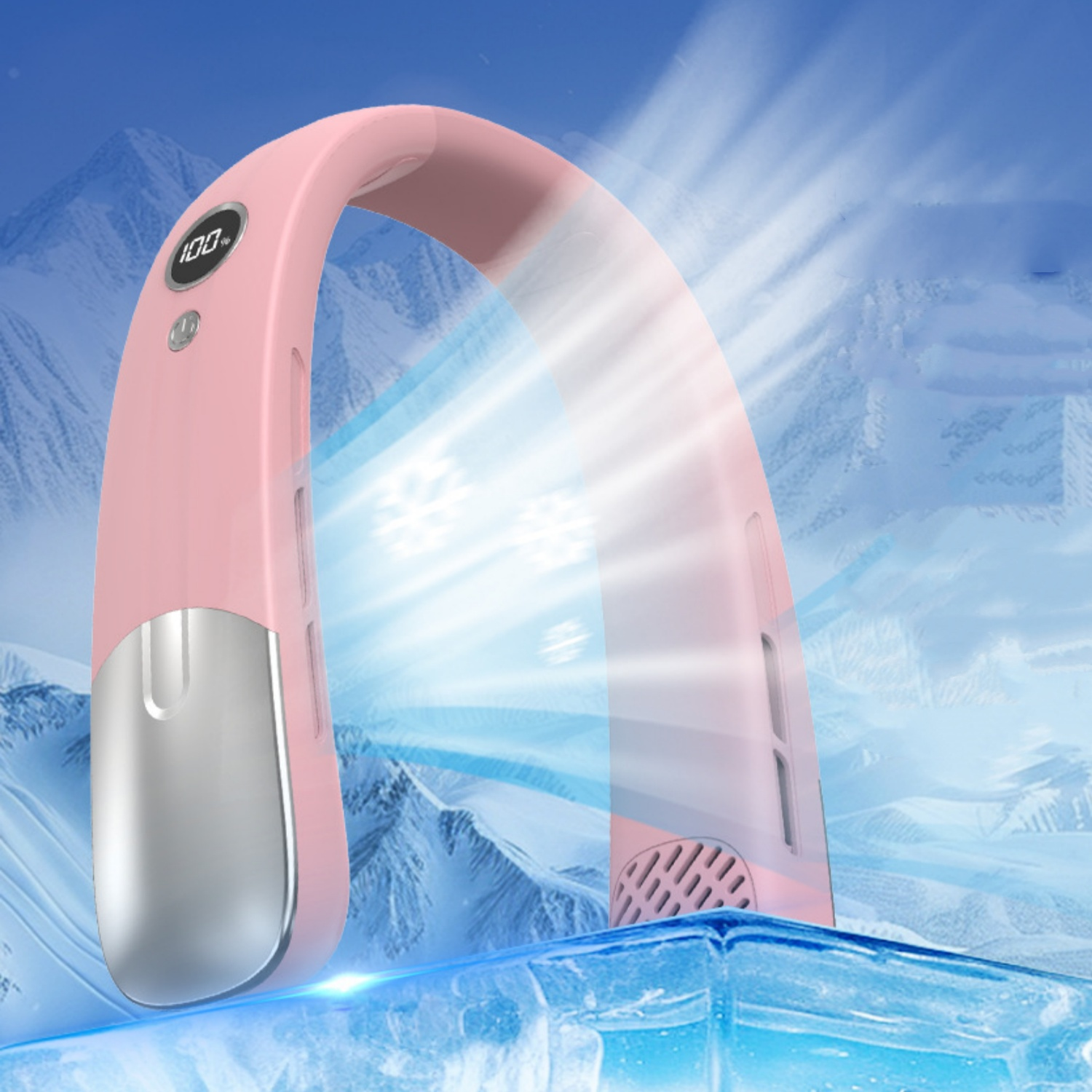 Ein rosafarbener Nackenventilator mit digitaler Anzeige, der vor eisigen Bergen steht.