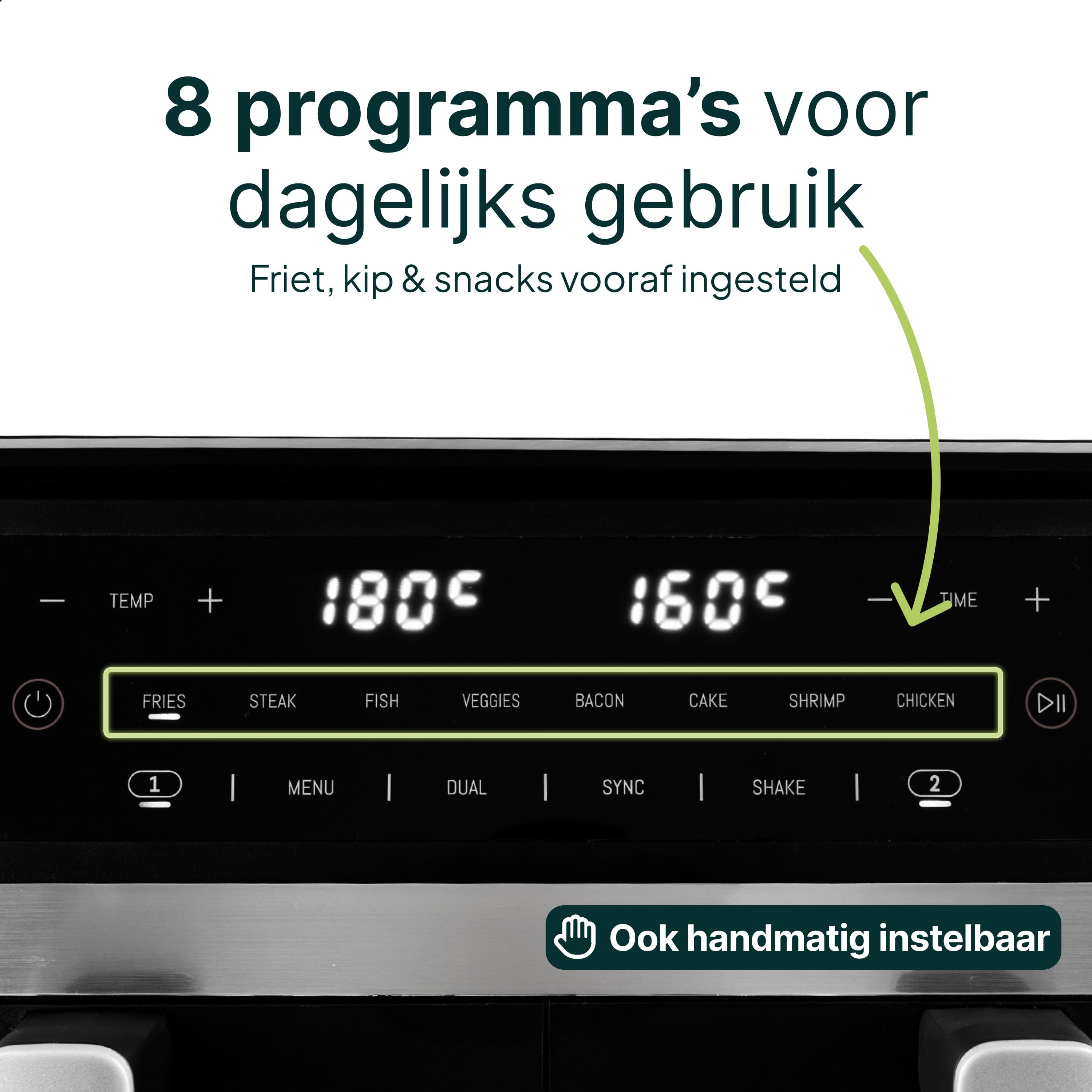 Bedieningspaneel van een keukenapparaat met digitale displays en knoppen.