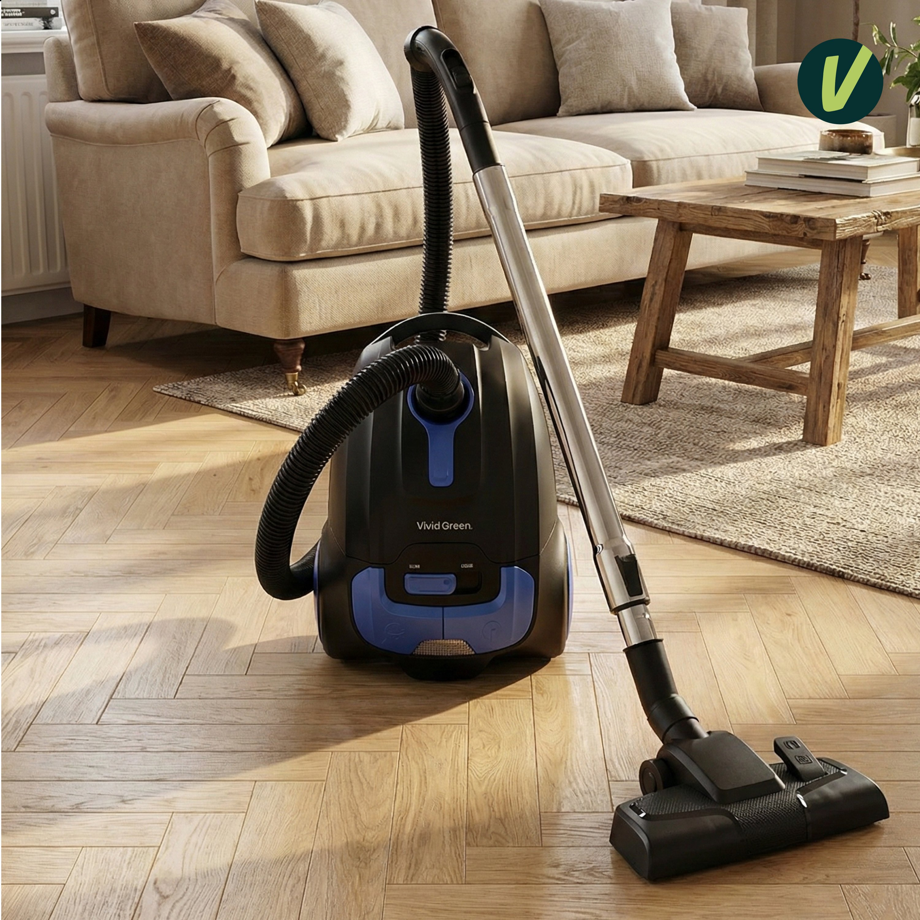 A black and blue vacuum cleaner sits on a wooden floor next to a sofa.