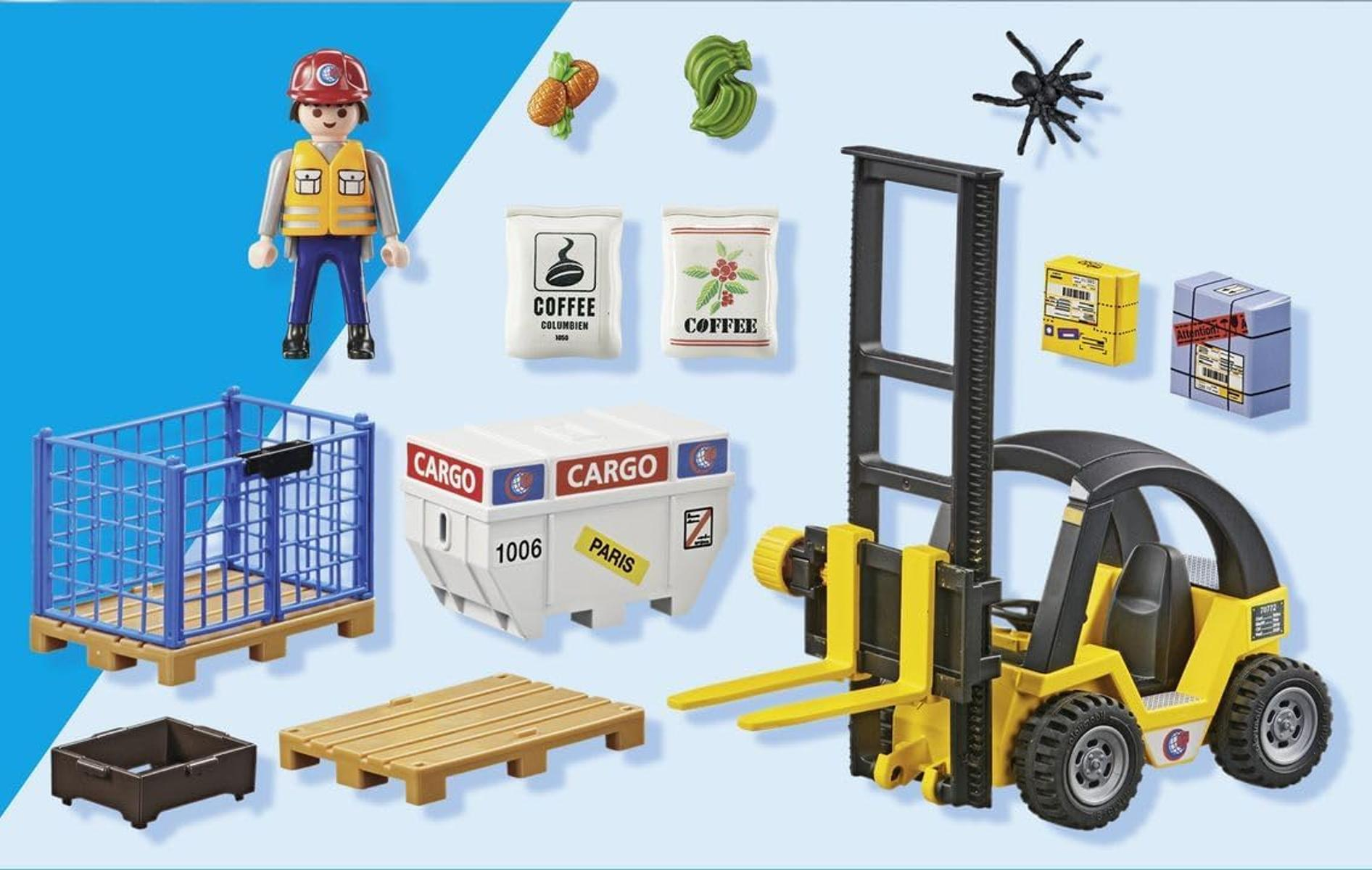 Playmobil-Arbeiter, Gabelstapler, Frachtcontainer, Kaffeetüten, Käfig, Paletten, Spinne, Karotten.