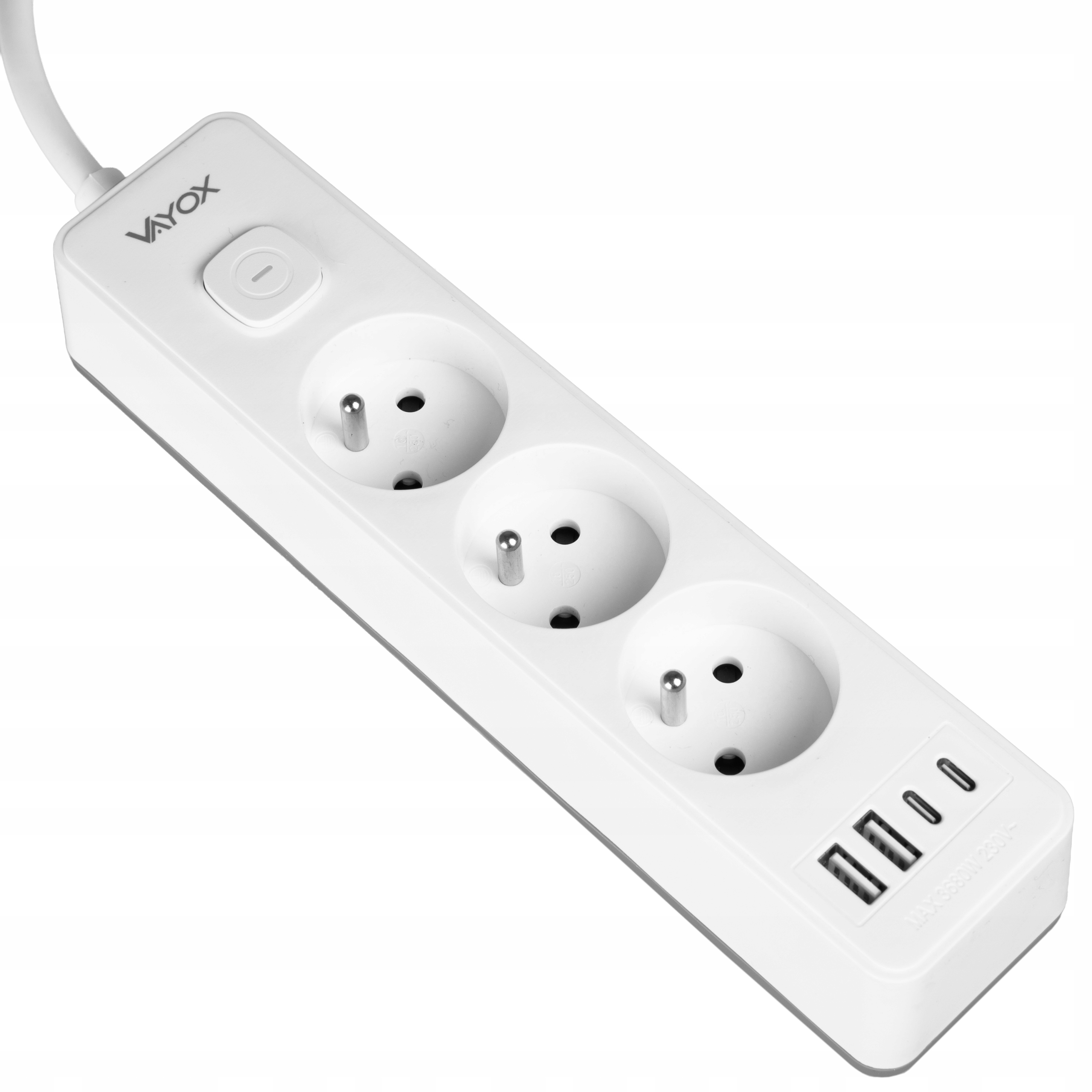 Biała listwa zasilająca z trzema gniazdami i dwoma portami USB.