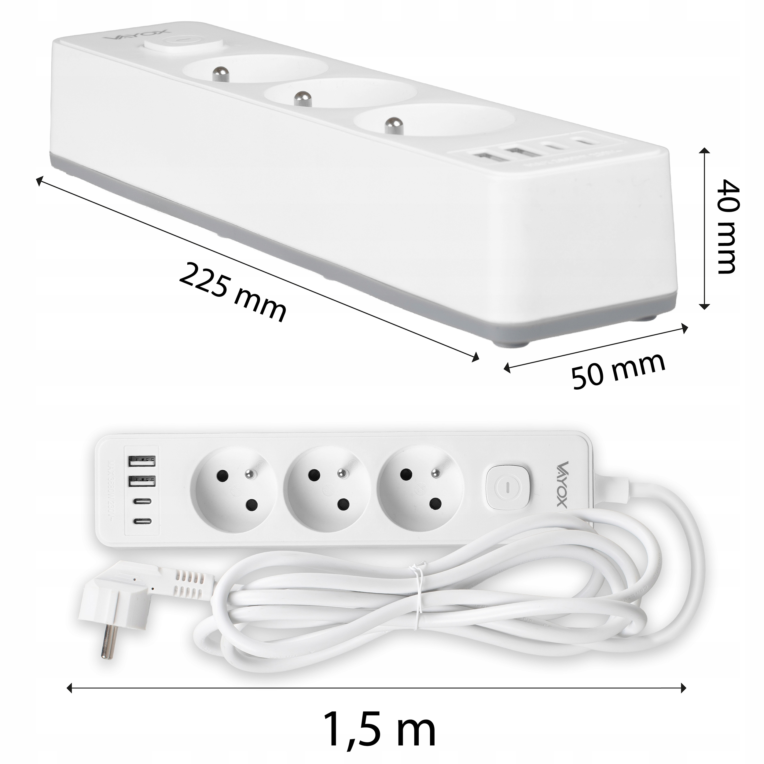 Biała listwa zasilająca z 3 gniazdami i 2 portami USB, dł. 22,5 cm.