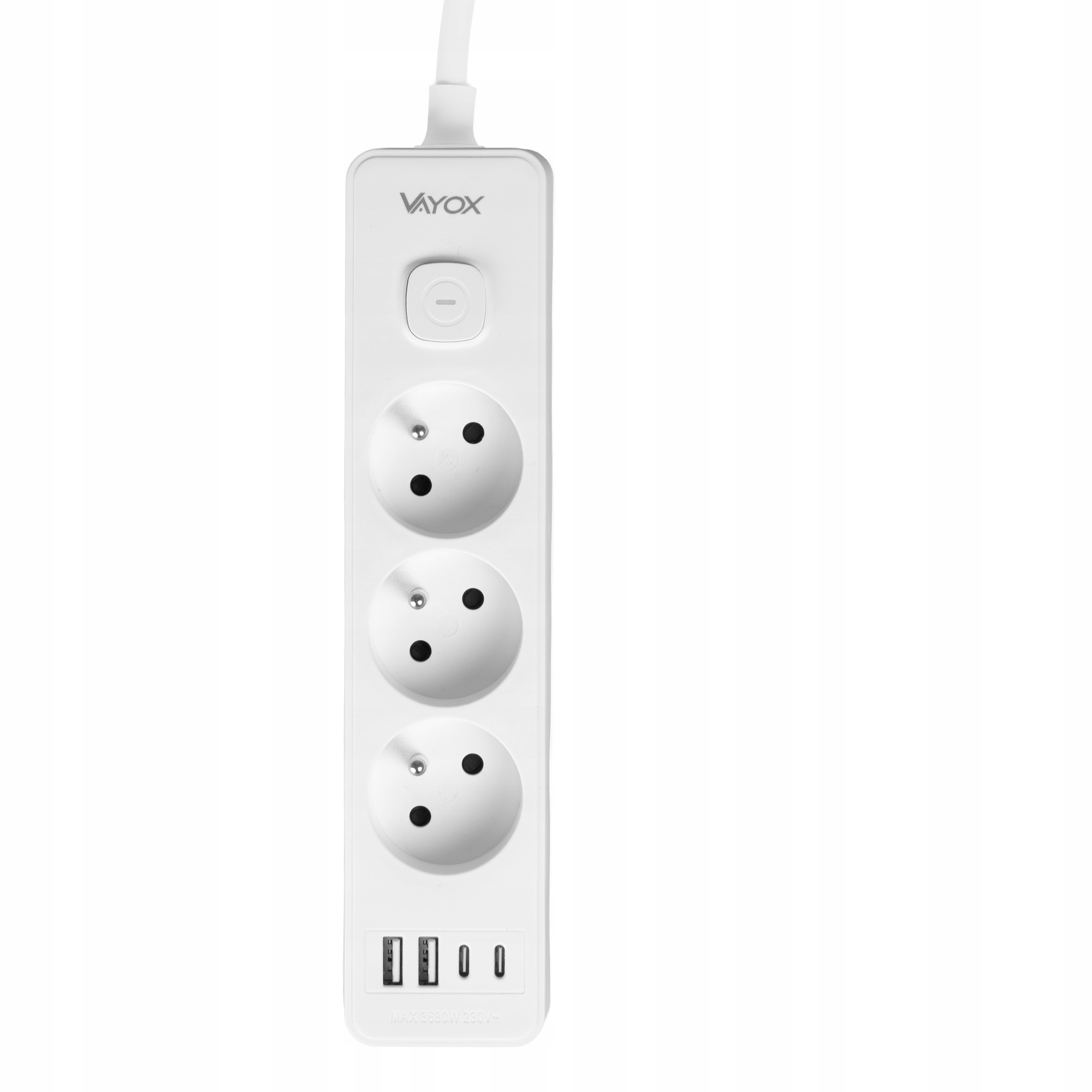 Biała listwa zasilająca z trzema gniazdami i trzema portami USB.