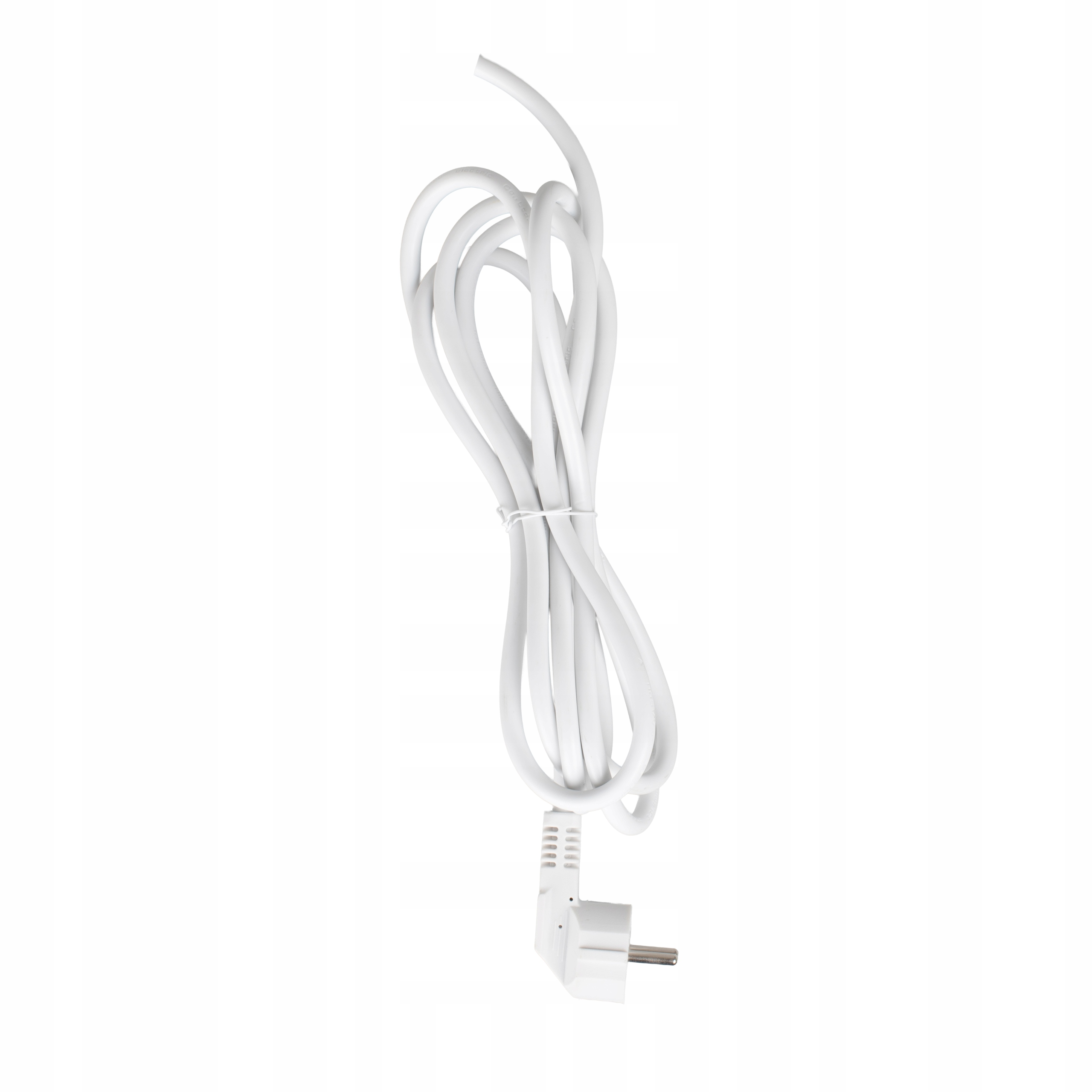 Biały kabel zasilający ze wtyczką, zwinięty.