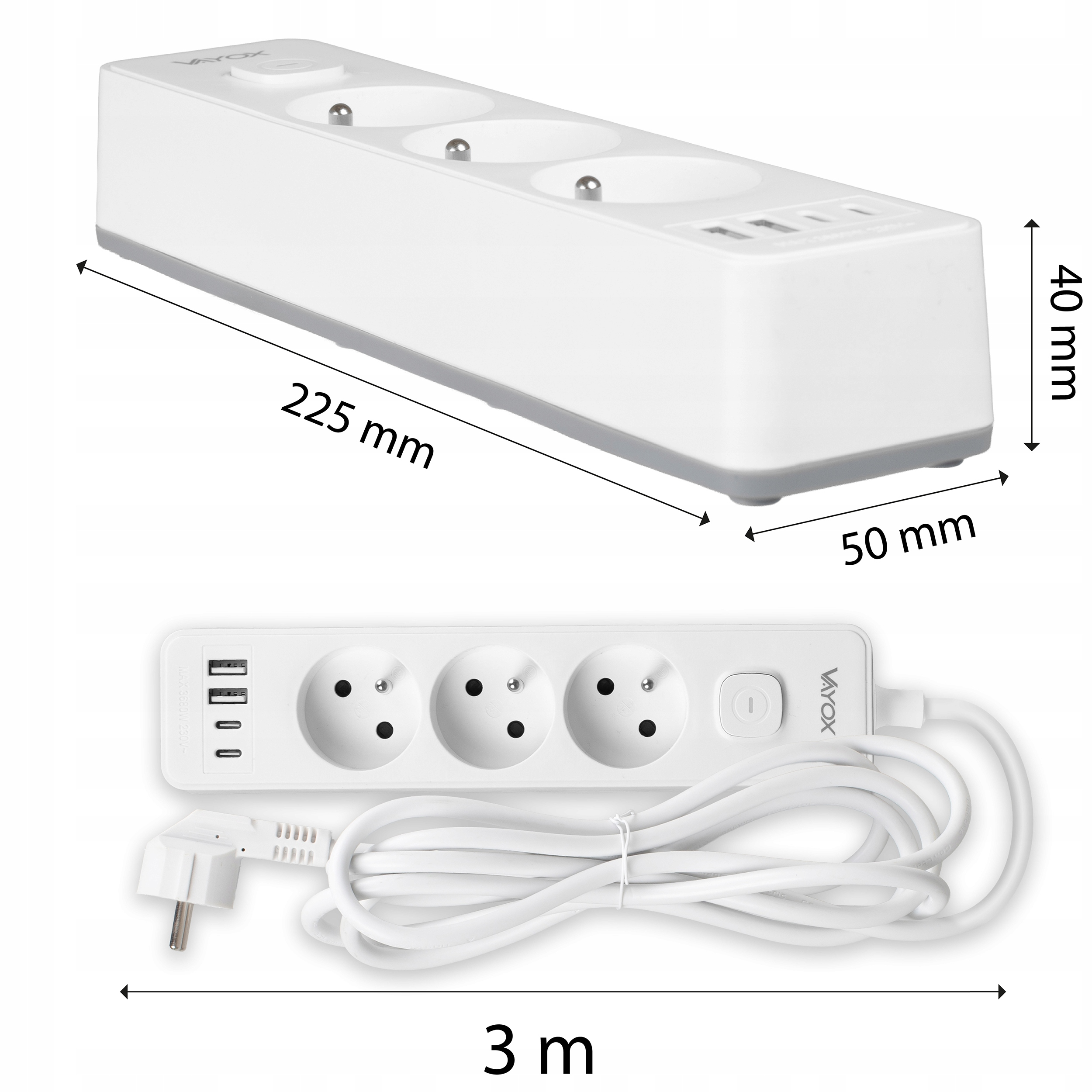 Biała listwa zasilająca z 3 gniazdami, 2 portami USB-A, 1 USB-C i kablem 3m.