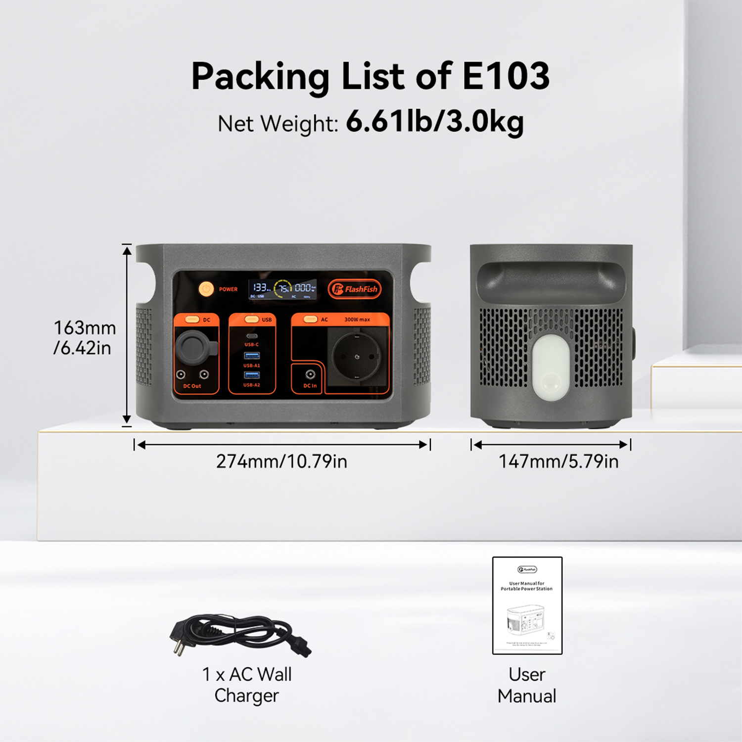 Lista de empaque de la estación de energía E103 con dimensiones, puertos, cargador AC y manual.