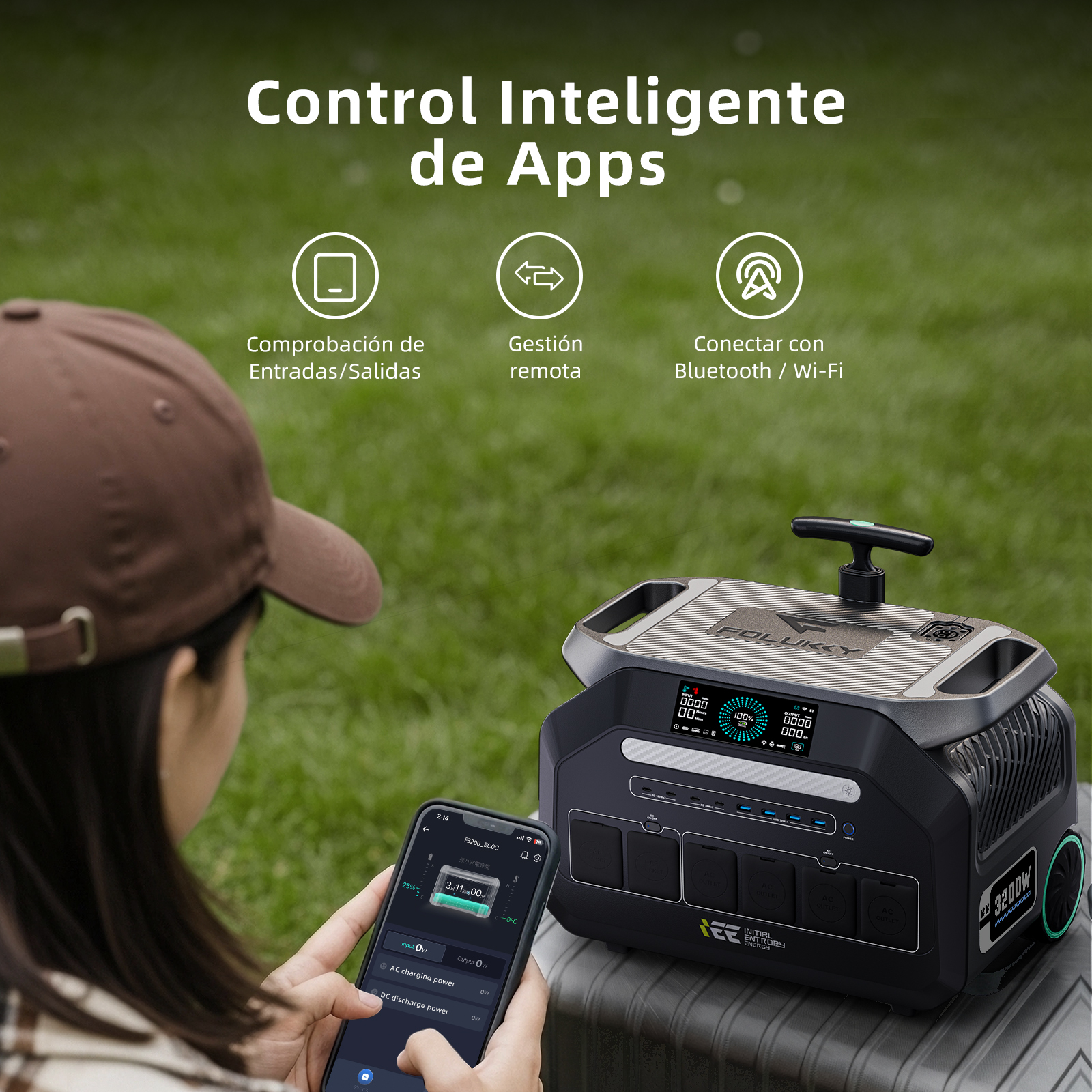 Una persona usa un smartphone para controlar una estación de energía portátil.