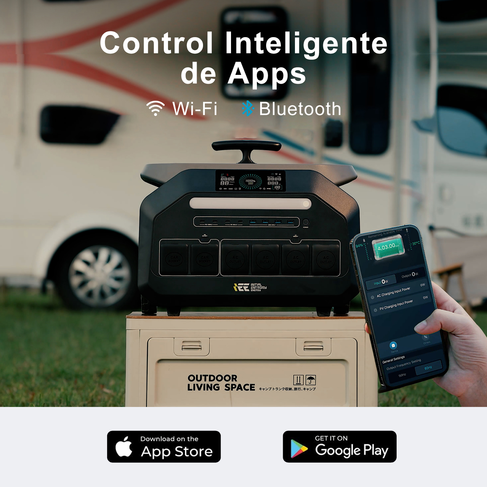 Una central eléctrica portátil con control de app vía Wi-Fi/Bluetooth frente a una autocaravana.