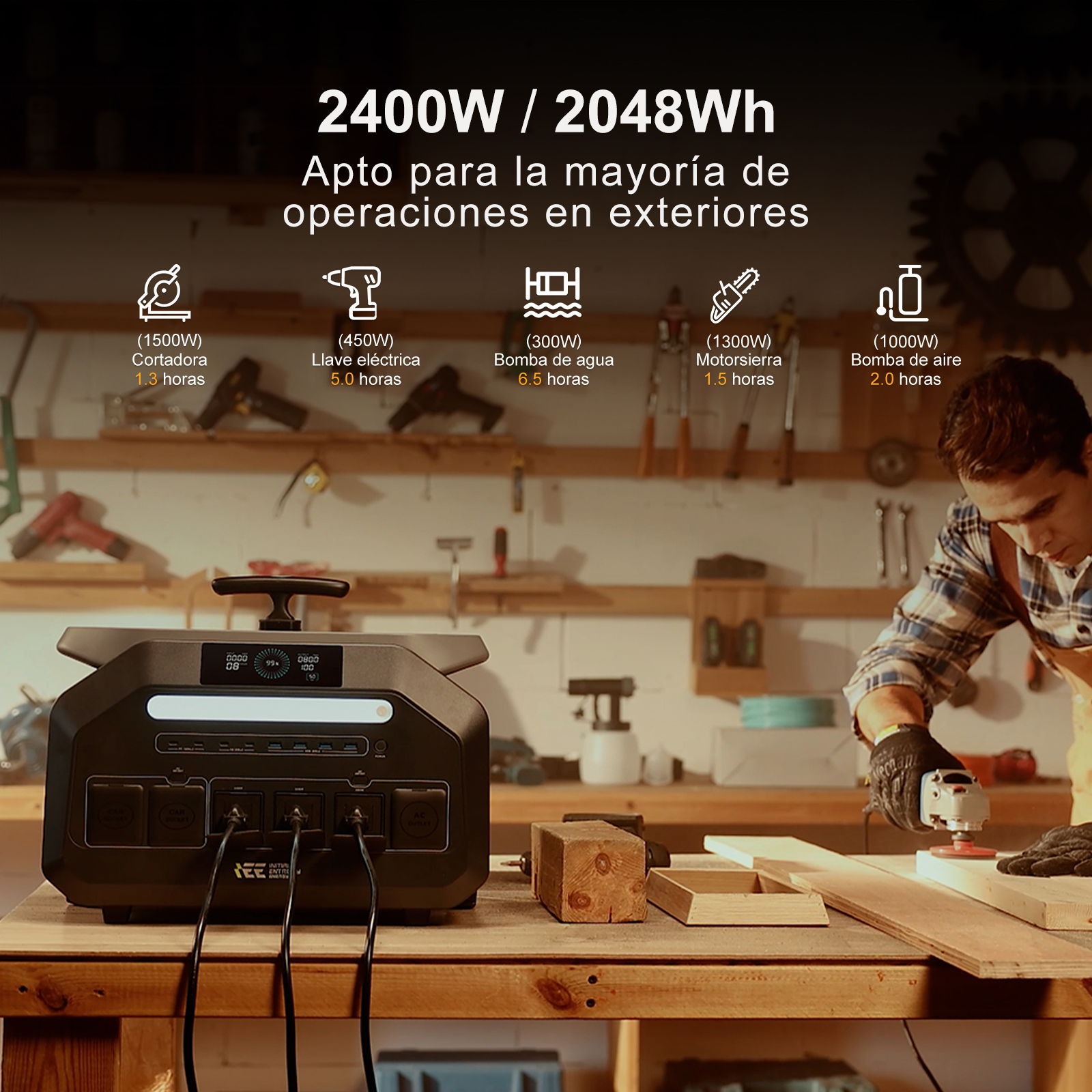 Hombre lija madera en taller junto a central eléctrica negra, con iconos de herramientas.