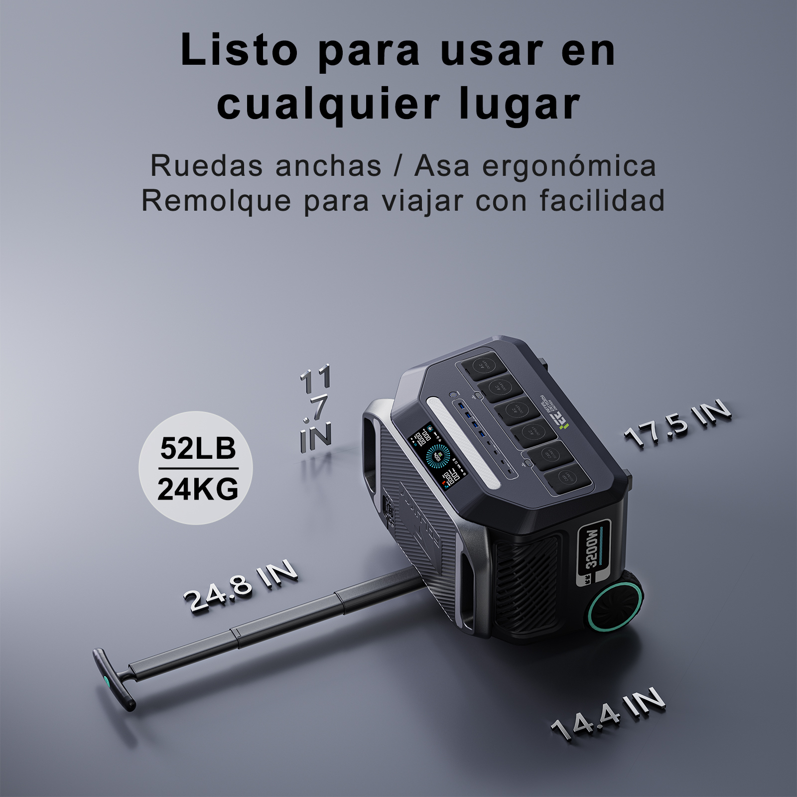 Una estación de energía portátil con asa extensible y ruedas, 52LB/24KG, 3200W.