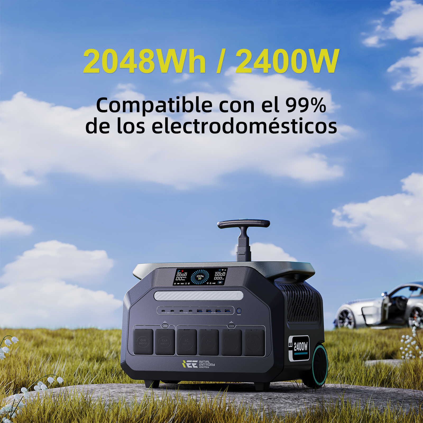 Una central eléctrica portátil de 2048Wh/2400W se encuentra al aire libre, con coches de fondo.